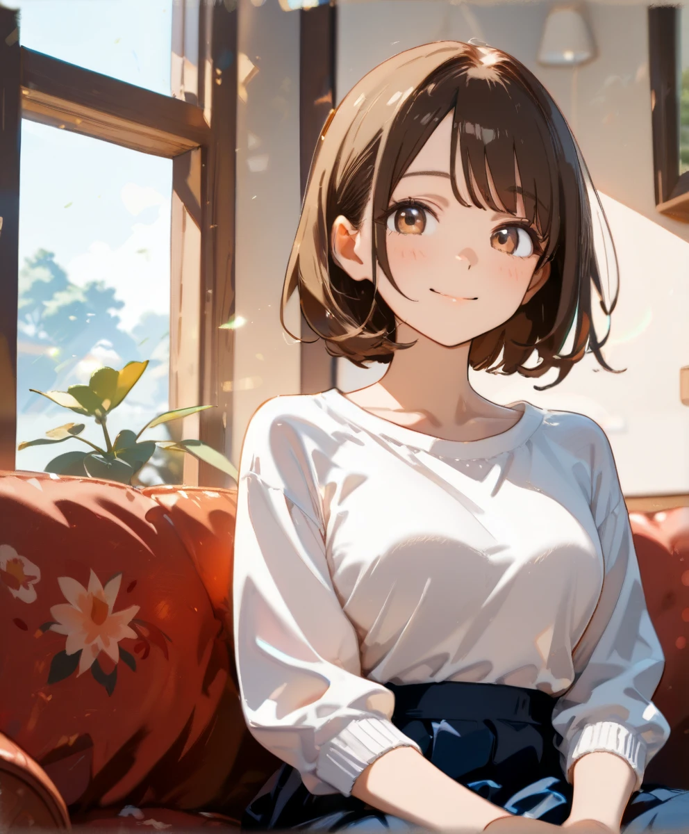30s Japanese woman with brown eyes, medium bob brown hair, and a curvy, soft body. Wearing a white shirt and blue skirt, she sits in a living room watching TV, smiling lightly. Front view, daytime, natural lighting. Masterpiece, high score, GRE score, absurdres, year 2025, safe, highly aesthetic, high resolution, latest, 8K, high-detail RAW color art.