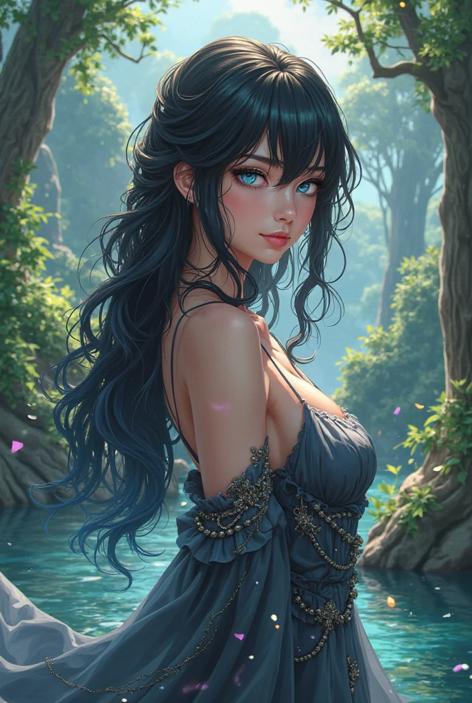 Uma bela mulher corada com olhos verdes e cabelos castanhos, rose-tinted lips, ela esta deitada sobre uma banheira grande de madeira, relaxando na agua, nua. Expressive Dramatic An Art for an RPG A Medieval Art for RPG