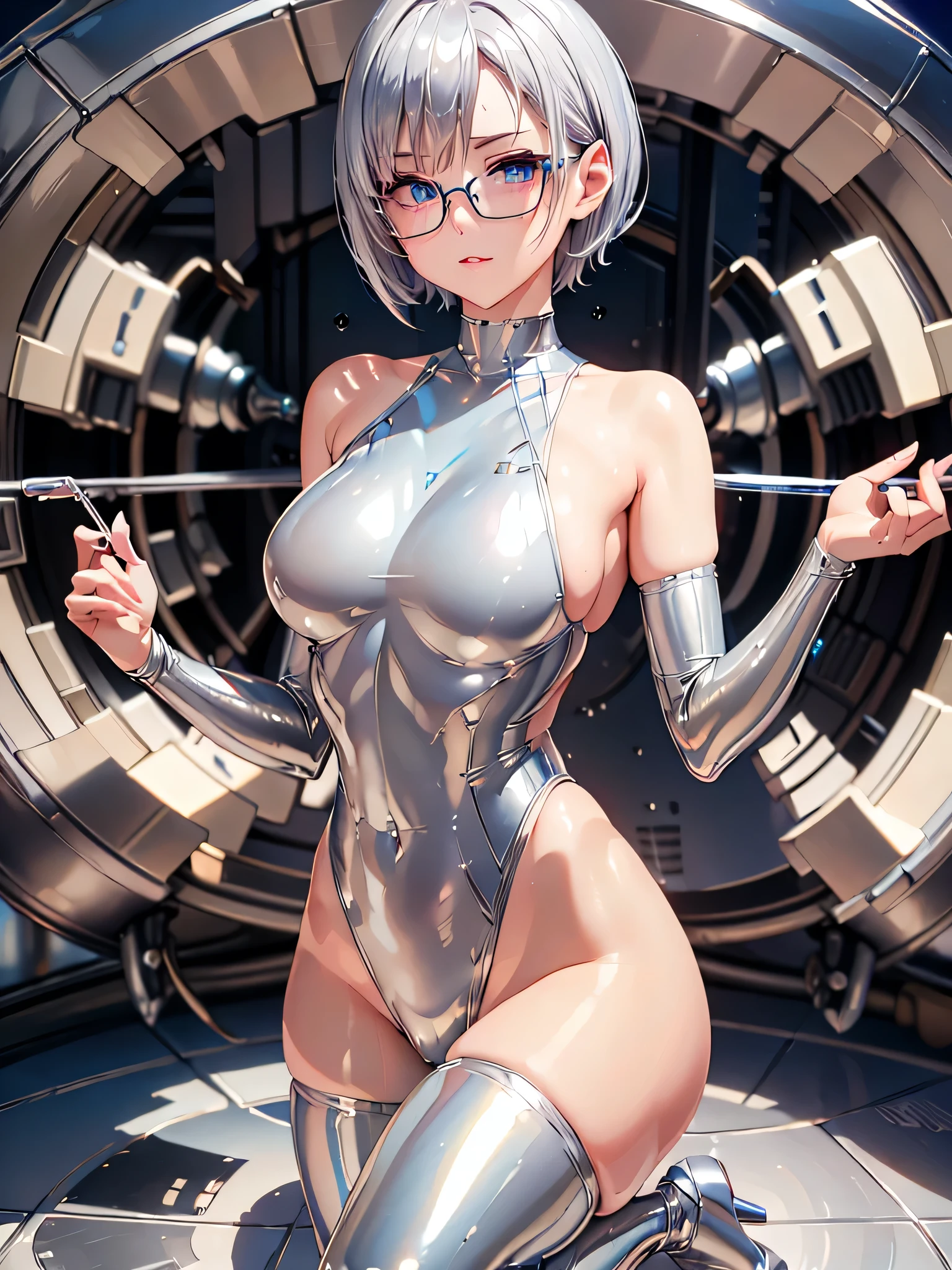 Top quality 8K UHD、short hair、pieces fly、silver hair、glasses uskul、Musculoskeletal system々、Upper body、Full body gloss、Beautiful woman wearing a full body silver metallic suit、A silver rubber suit that hides your lustrous skin