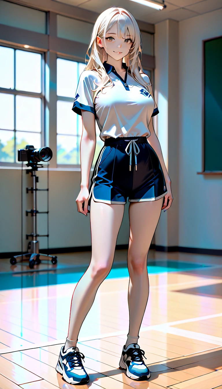 Chinese woman in gym uniform full body standing, best quality, masterpiece 1980s style