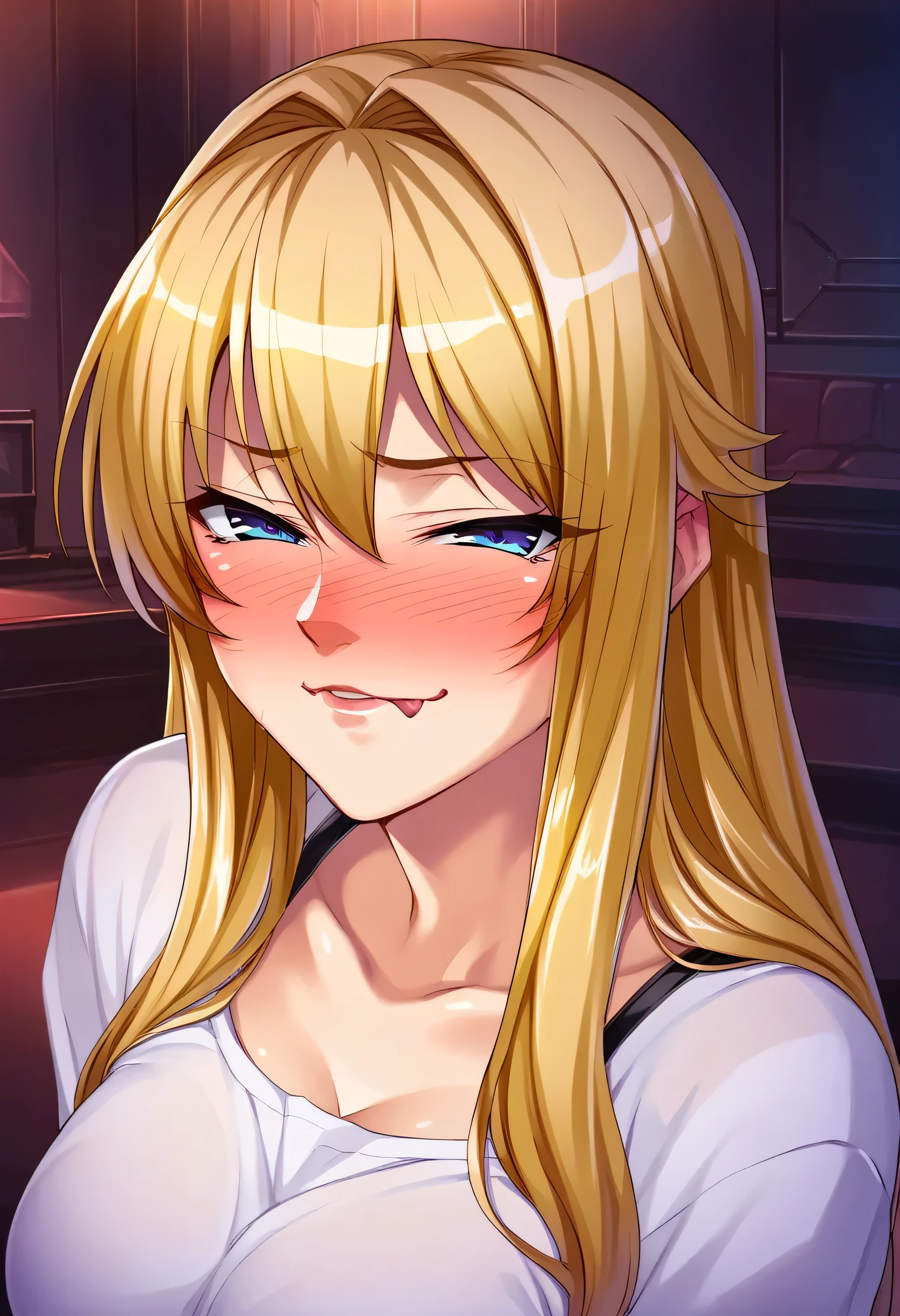 score_9, score_8_arriba, score_7_arriba,
1 girl, long hair, blond hair, squinted eyes, naughty face , blush, looking at the spectator, up by body, rostro, indoors,