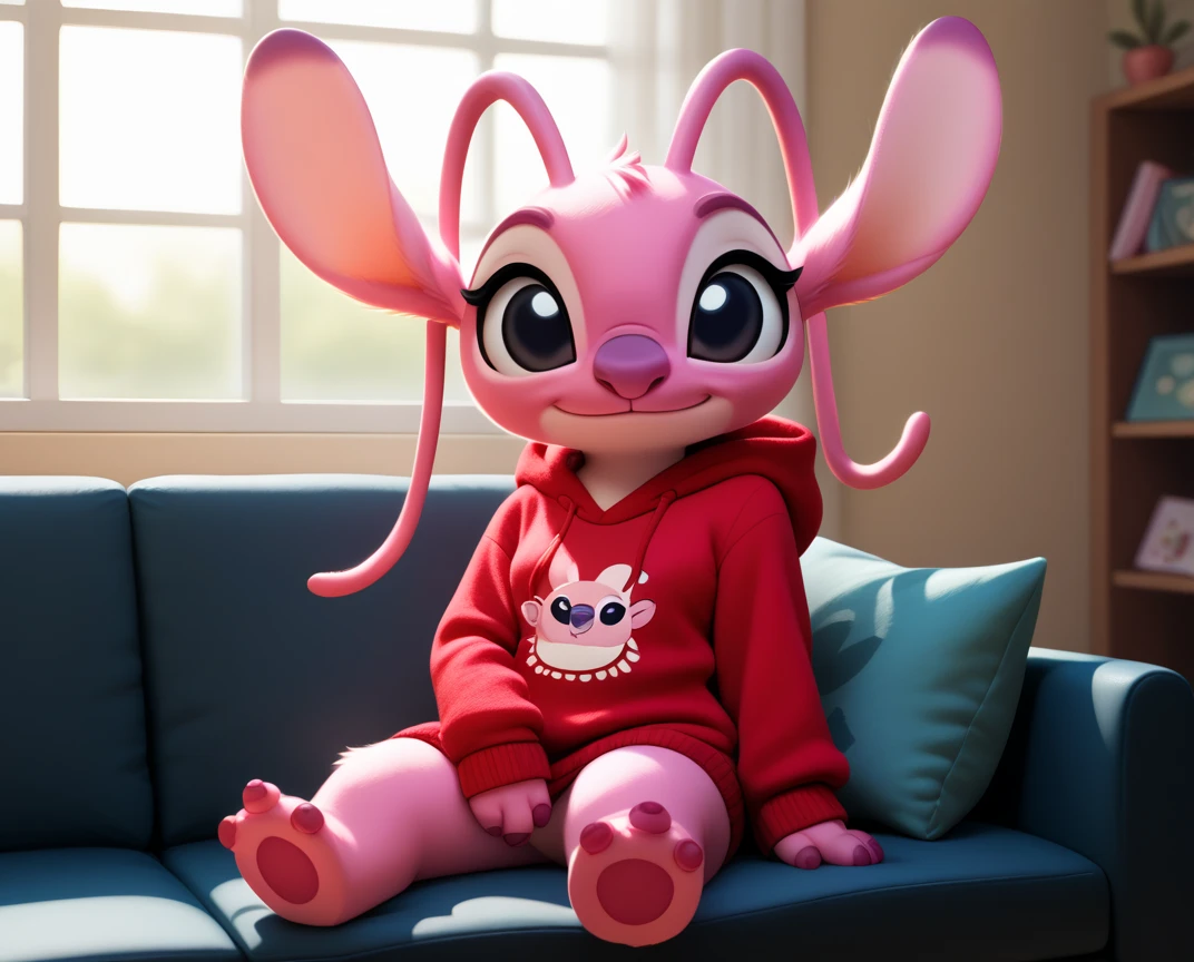 score_9, score_8_up, score_8, 1girl, furry, ange1, antennae, solo, black eyes, sitting on couch, living room, window pink fur red hoodie sweater