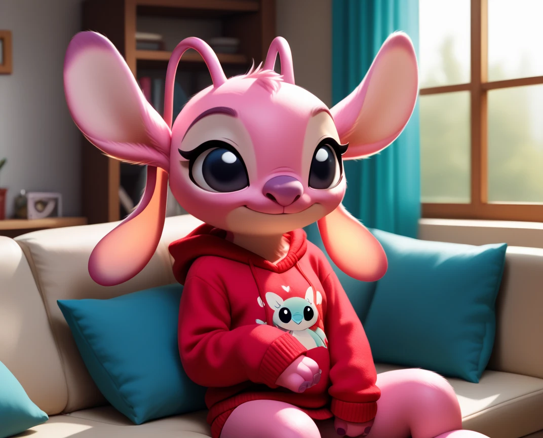 score_9, score_8_up, score_8, 1girl, furry, ange1, antennae, solo, black eyes, sitting on couch, living room, window pink fur red hoodie sweater
