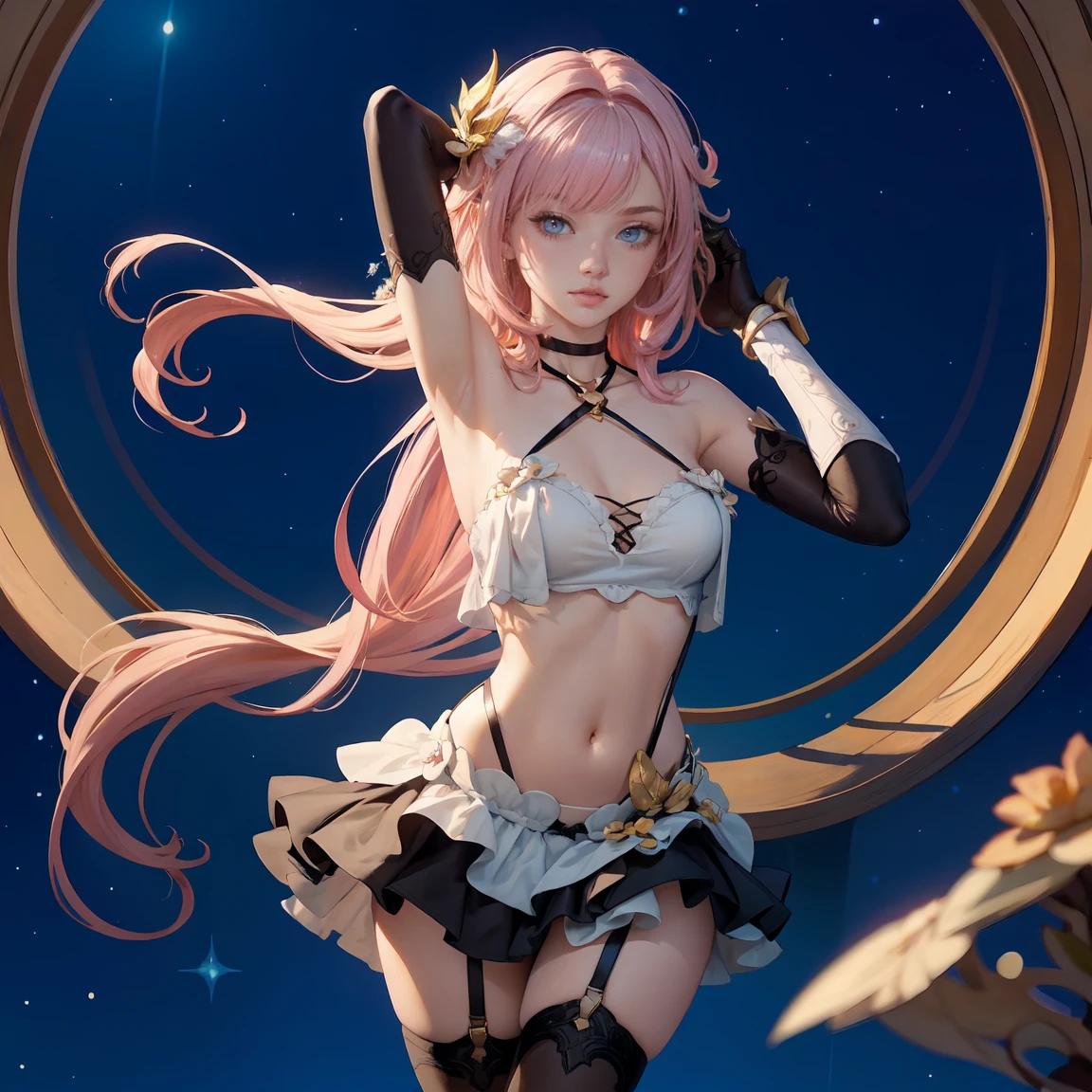 （tmasterpiece：1.2），Best quality at best，perfect anatomia，The is very detailed，1girll，Solo, A high resolution，absurderes，tmasterpiece，looking at viewert，Character Spotlight，A pink-haired，Golden eyes，short  skirt，singers，Stage，There are lights on it，Hold the microphone，sing