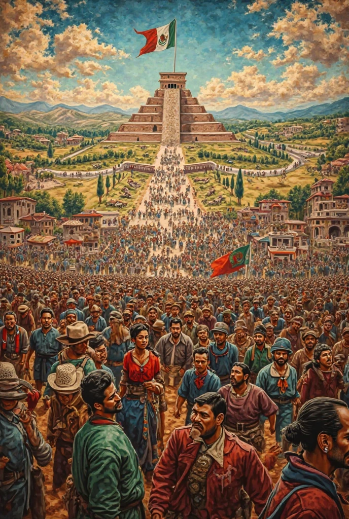 A mural showing the conflict between indigenous culture and colonization, with contrasting colors.