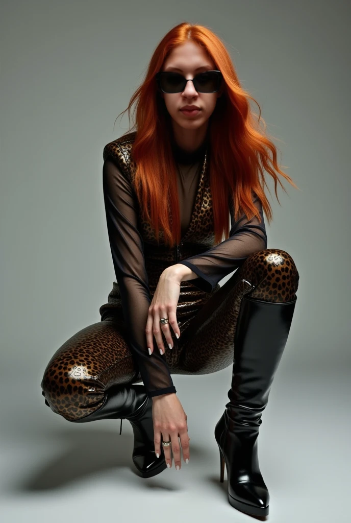 Red-haired snake woman,with a metallic gray tank top and a black jacket,with a metallic gray skirt and black sneakers,black background full body 