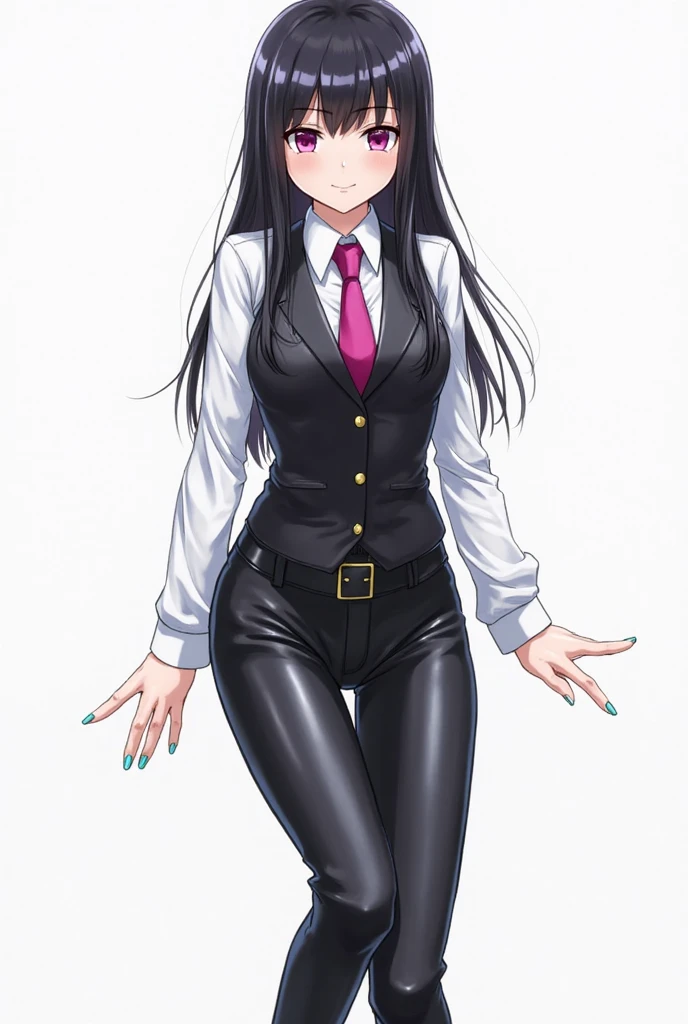 masterpiece, best quality, 1girl, solo, vanwinkle, standing,  female focus, blue eyes, messy hair, suit, glasses, necktie, big breasts, teeth, [[closed mouth]], formal, smile, simple background, pants, ((arms behind back), looking at viewer, indoors, standing, closeup,  boob window, large breasts, face focus, closeup shot, black tuxedo suit