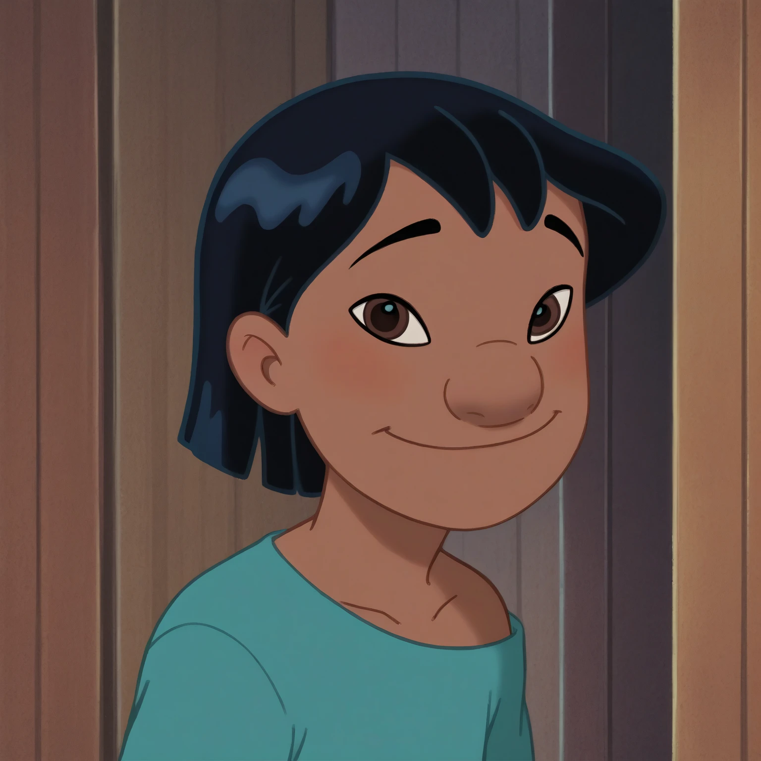 score_9, score_8_up, score_7_up, rating_explicit, source_anime,detailed skins, body blush,cowboy shot, flat ,  highly detailed, body blush,cowboy shot, looking at viewer, perfect eyes,perfect hands, sidelocks,lilo, long black hair, brown eyes, dark skin, flat , indigo blue shirt black leggings , smile, white socks bedroom background 