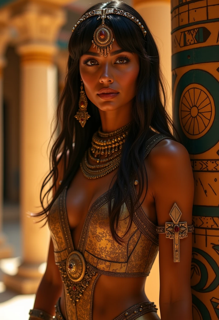 cleopatra, desert princess, looking at viewer, full body, barefeet, abs, jewels, crop-top, loincloth, standing, (best quality,4k,8k,highres,masterpiece:1.2),ultra-detailed,(realistic,photorealistic,photo-realistic:1.37),portrait, fantasy, intricate details, dramatic lighting, vivid colors, warm color tone, cinematic