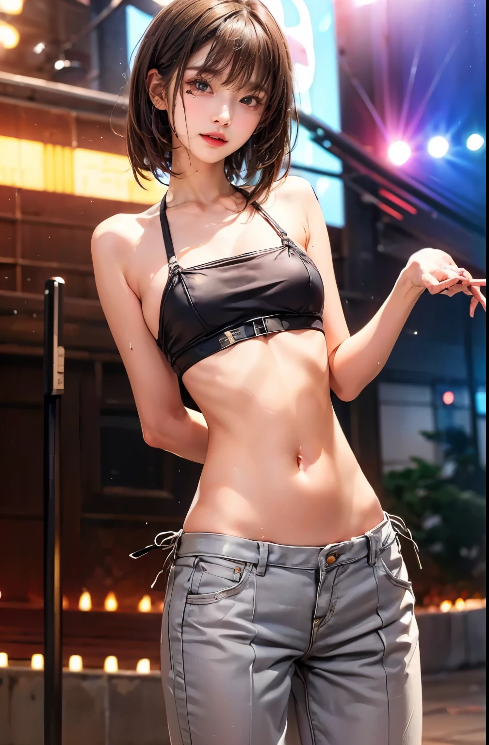 Highest quality, masterpiece, Ultra-high resolution,8k, (Realistic:1.6), (Facing portraits) RAW Photos, 1 girl,((A photo showing her breasts)),(Full of smiles, Showing teeth)), 22 years old,((Belly button fashion)),((Miniskirt Uniform)),((short hair)),((Wear a hat)),((Looking up at the audience)),Face Focus:1.4,((Shooting from below with a fisheye lens:1.4)),((Background of the sun shining in the blue sky)), Image Media Chest)),((Smiling with teeth showing)),
