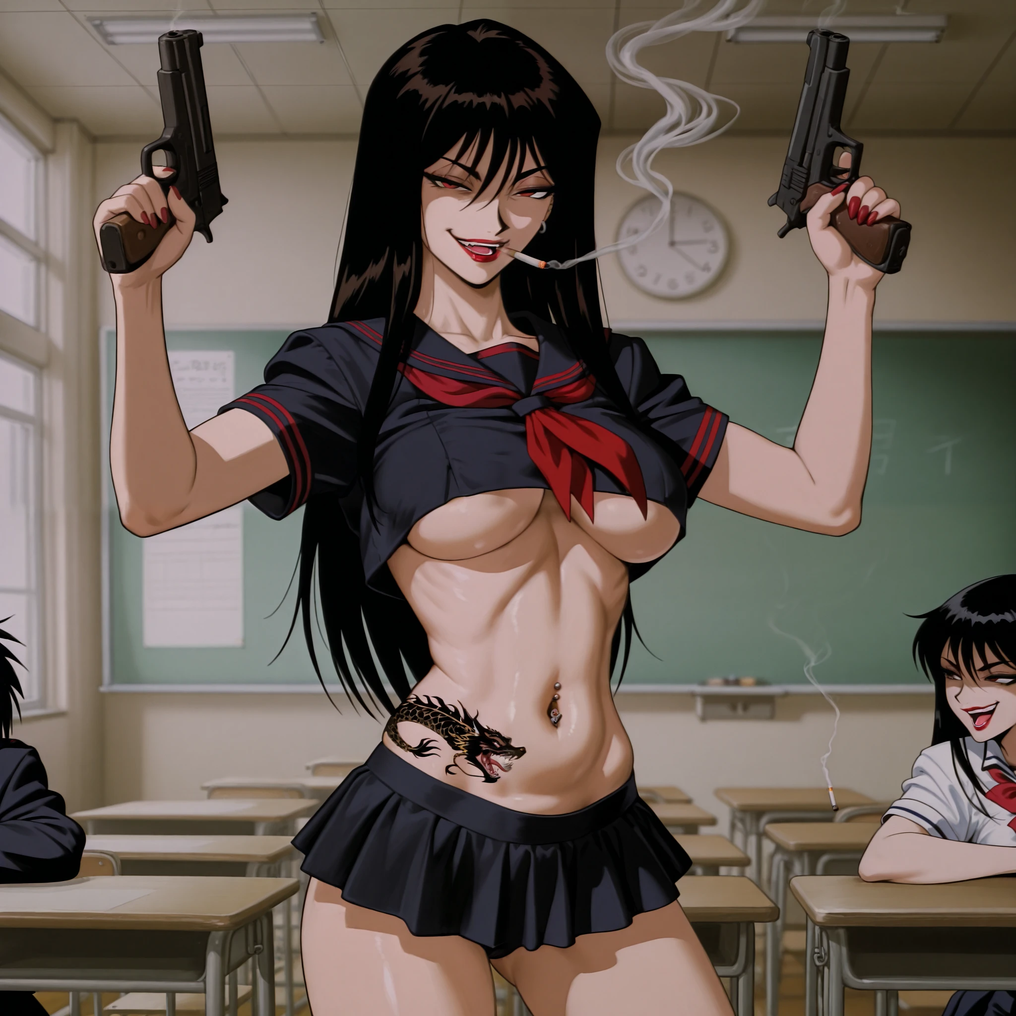 terayama reiko, black hair, long hair, , 1girl, ear piercing, long hair, , lipstick,Hot girl, baddie, smoking, sensual, attractive ,
masterpiece, best quality, highly detailed, a girls in sailor uniforms with a gun posing for a picture,
evil smile, smile, open mouth,black_serafuku, , (nsfw) not safe for work,
ecchi style, ecchi,, high school girls, holding a gun, hold a gun, , micro skirt, exposed belly, exposed navel, exposed midriff, holding pistol,underboob,
exposed lower belly,school, classroom, navel piercing,, dual wielding, dragon tattoo, narrowed eyes, tattoo midriff, looking at wiewer, open arms sideway, arms T-pose, smirk, standing, anime girl T posing