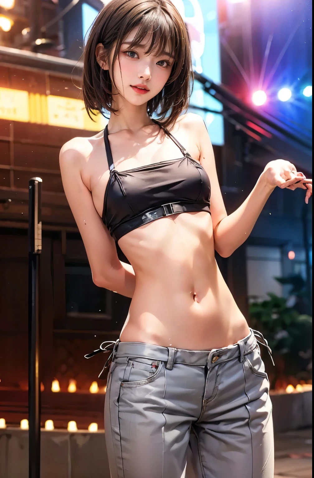 tattered tiny white tank top, braless, (black miniskirt:1.15),(suspenders:1.2),thick leather gloves, solo, woman, (pyoapplev1:1.05), pyoapple, (parted lips,light smile),(shiny skin:1.1),blush, ((bangs)), long hair, clenched fists, put up your dukes, fight pose,skindentation, ((slim skinny body)), (long legs), model figure, best quality, ultra high res, (photorealistic), (detailed face and eyes), industrial slum cyberpunk dystopia background