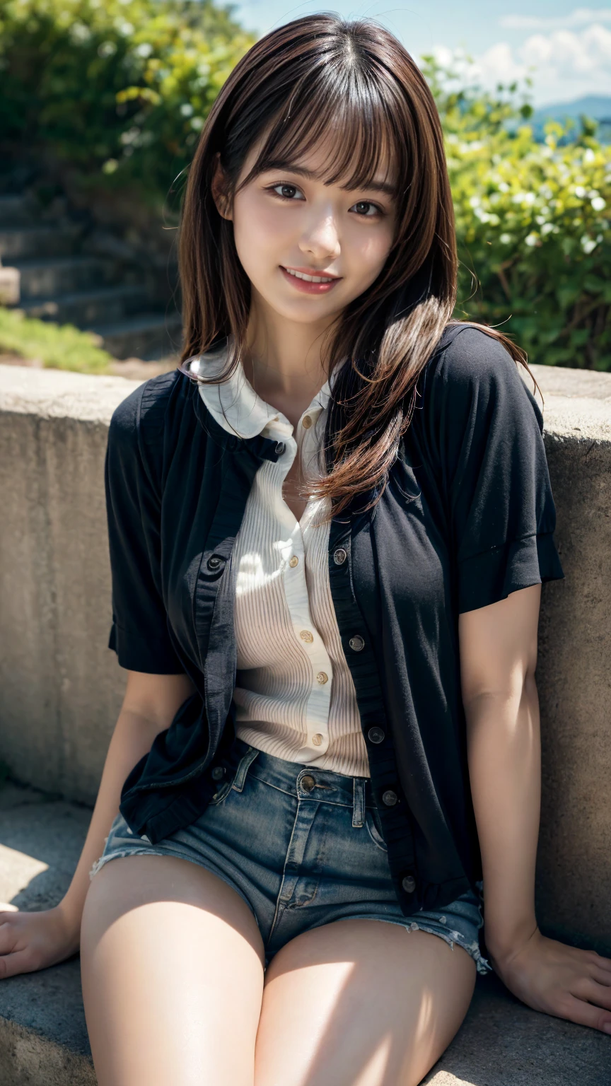 ((High-definition images, masterpiece, atmospheric perspective, 8K, Super detailed, Accurate, highest quality, single shot)), (casual style), Jacket, unbuttoned shirt, swollen areole, (round face, realistic eye size, droopy eyes, blush, smile), (((legs to head ))), (in the forest, Mountain, rock, Narrow River, At night), blonde hair, small earrings, thin necklace, (light makeup), mini skirt