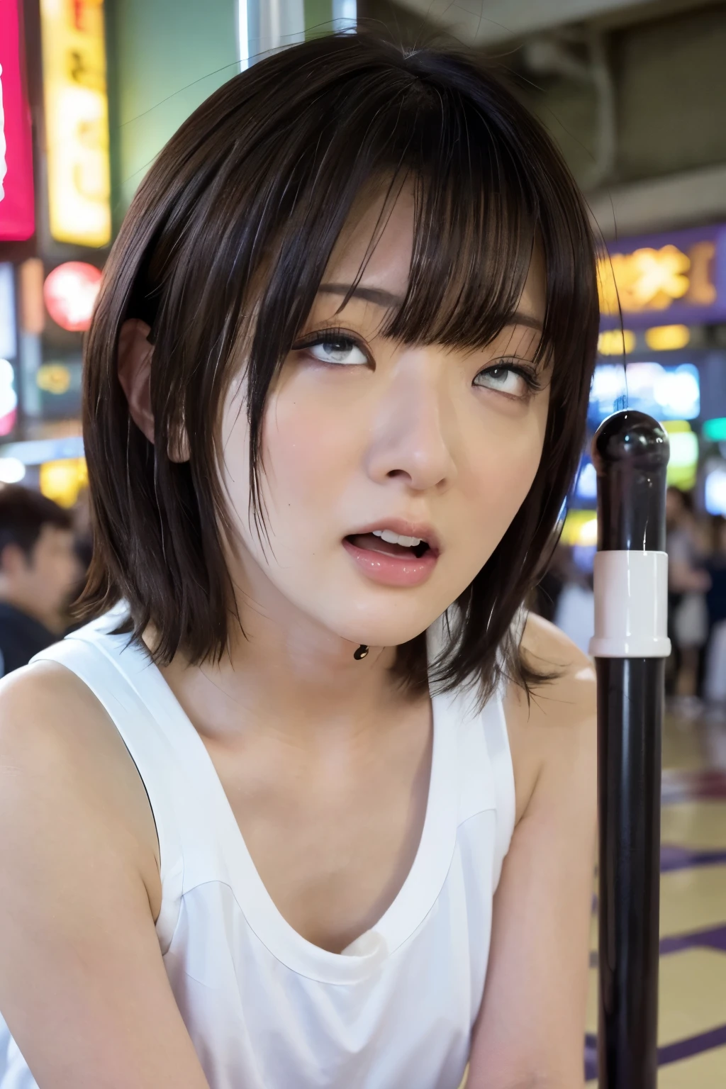 Close-up of face, (lean against a pole:1.5), ( top quality, masterpiece:1.2), highly detailed , high res, 8k Wallpaper, perfect dynamic composition, Eyes with Attention to Details , look up at the sky, summer trend fashion, open mouth, licking, gape mouth, She squints her eyes, (orgasm face:1.5), Ecstatic Face, Climax expression, (Woman with open mouth and narrowed eyes, deep acme: 1.1), Surrounded by people, 20 years old, cute Japanese woman, sexy style ,in a busy arcade at noon, She is getting a lot of attention, Tokyo , camera sexy shot, summer fashion ,Summer clothes, see-through