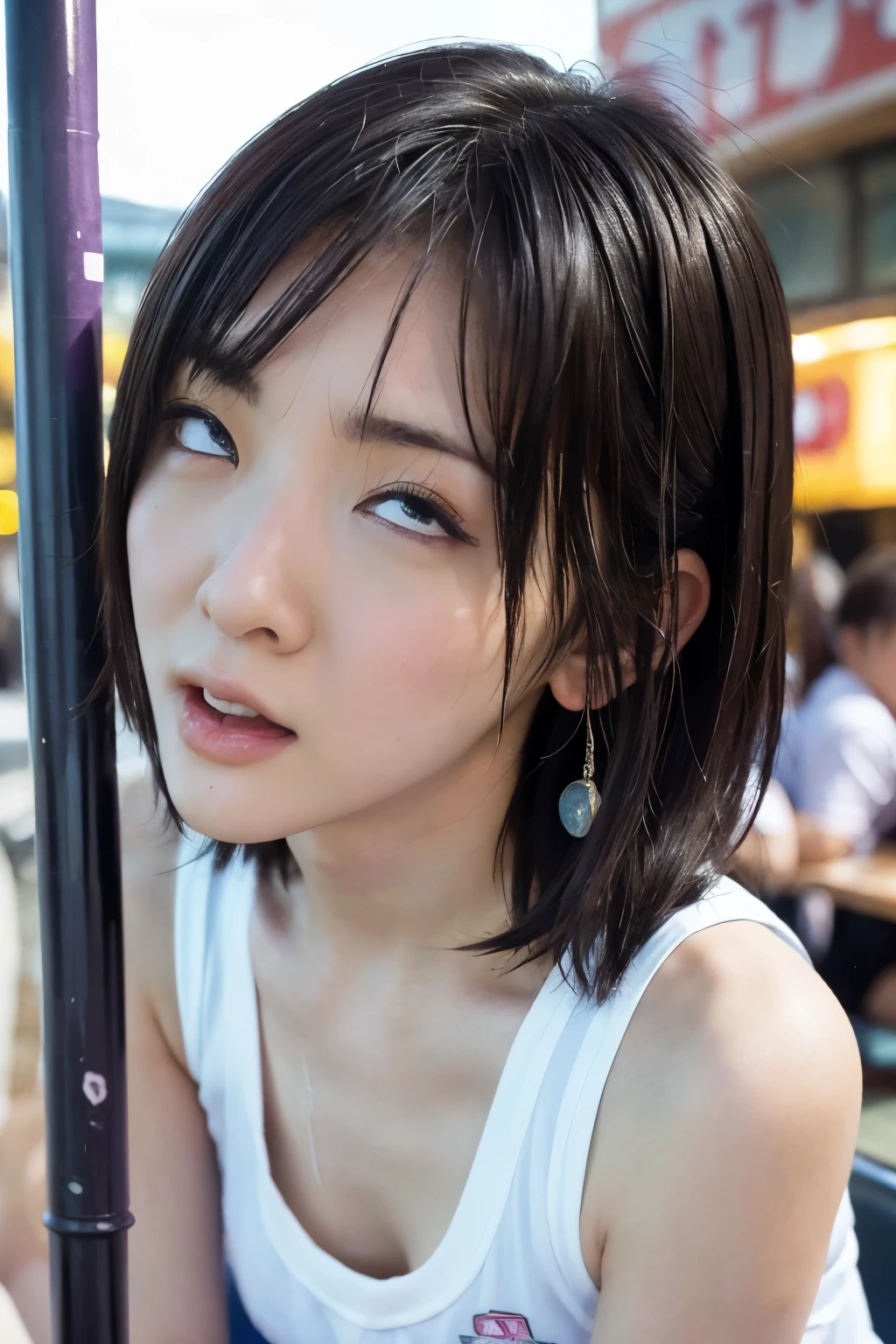 Close-up of face, (lean against a pole:1.5), ( top quality, masterpiece:1.2), highly detailed , high res, 8k Wallpaper, perfect dynamic composition, Eyes with Attention to Details , look up at the sky, summer trend fashion, open mouth, licking, gape mouth, She squints her eyes, (orgasm face:1.5), Ecstatic Face, Climax expression, (Woman with open mouth and narrowed eyes, deep acme: 1.1), Surrounded by people, 20 years old, cute Japanese woman, sexy style ,in a busy arcade at noon, She is getting a lot of attention, Tokyo , camera sexy shot, summer fashion ,Summer clothes, see-through