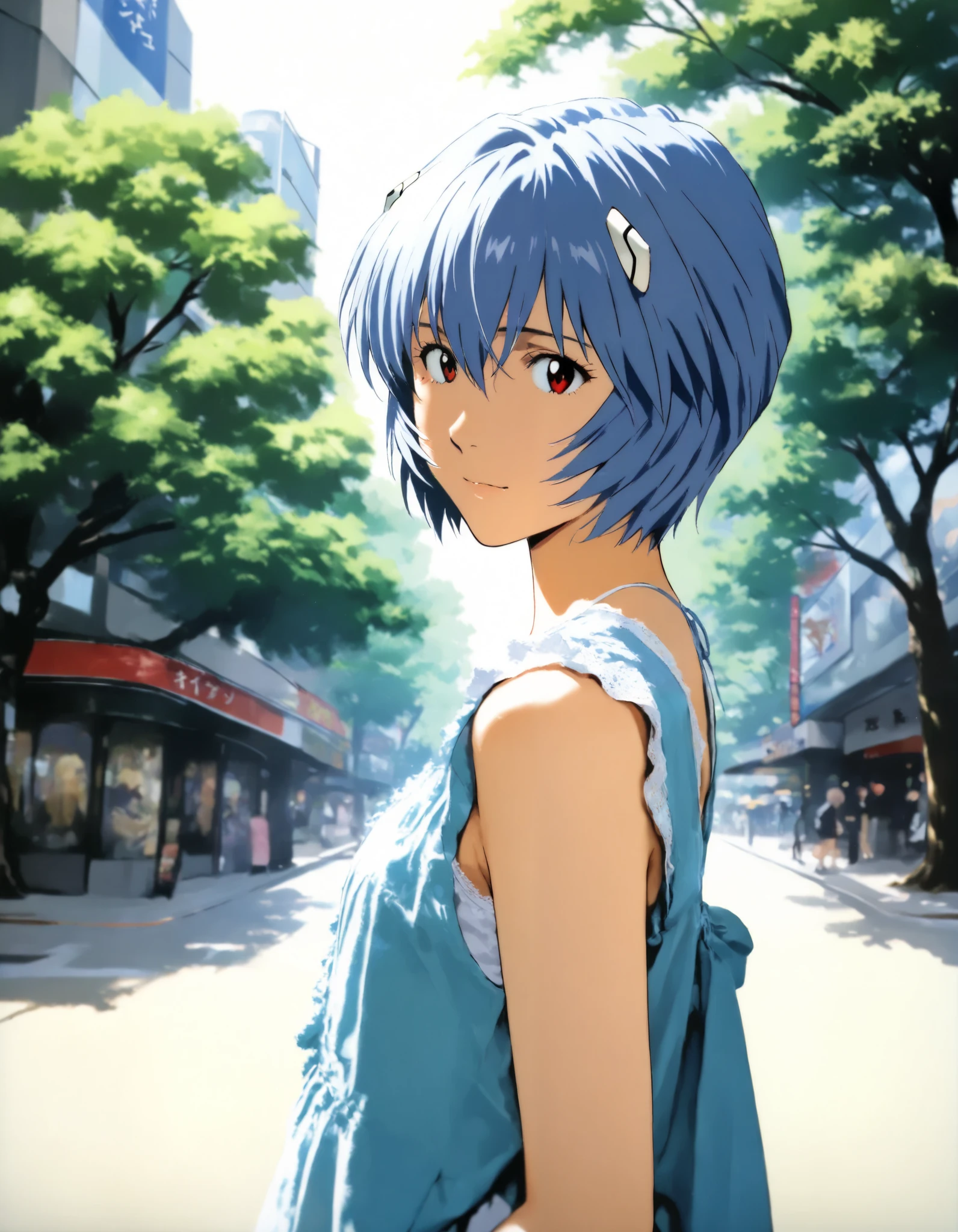 1girl, ayanami rei, neon genesis evangelion, year 2016, upper body, Shibuya, street tree, morning sunshine, casual clothes, masterpiece, high score, great score, absurdres, 16k, super detail