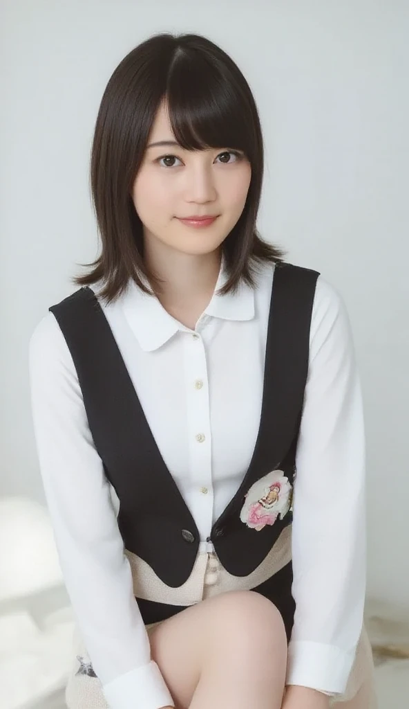 Masterpiece, top quality, official art, highly detailed CG Unity 8K wallpaper, like a schoolgirl, very delicate and beautiful, ultra high resolution, (photorealistic: 1.4), golden hour lighting, (upper body), (platinum shorthair: 0.8), (puffy eyes), looking at the viewer, facing the front, smiling, JK skirt, white dress, Shirt Lift Long Black Hair