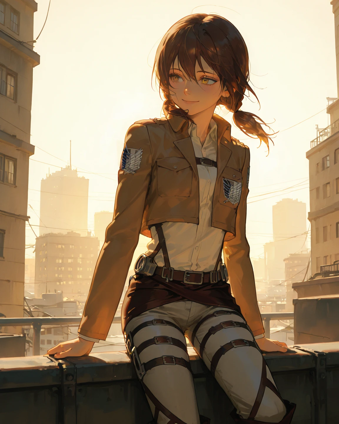 1girl, two braids, brown hair, cute, smile, attack on titan, outfit