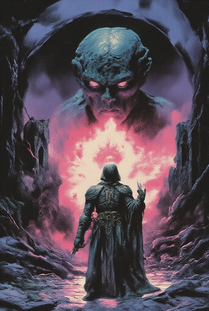 Mobis (Jean Giraud) Style - A picture by Jean Giraud Mobis, ultra high detailed, generates a terror movie poster from the 80´s , vibrant colors, A warlock who has made a dark pact with an Ifrit, a fire spirit from the underworld. His skin is marked with glowing, fiery veins, and his eyes burn with an inner flame. He wields a staff made of blackened, twisted wood that crackles with infernal energy. His robes are singed and smoldering at the edges, and the ground beneath him is scorched wherever he steps. The background is a volcanic landscape with rivers of molten lava and towering pillars of smoke.