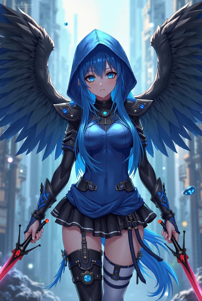(maximum quality, , official art , beautiful and aesthetic:1.2) Anime Woman, Crow wings on the back, blue eyes, long flaming blue and black spiked hair, Blue Hoodie, black and blue armor, blue sweatshirt, Jeans azul, Holding two daggers.