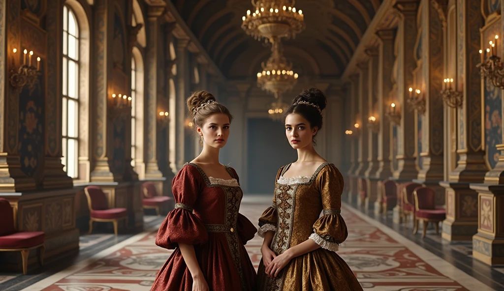 Digital painting portraying two women, one representing past times, adorned in period clothing, reminiscent of the Renaissance era, alongside, the other in futuristic attire representing the future, stands against a juxtaposing backdrop with elements from their respective eras, detailed, both with a central face in sharp focus, ultra realistic textures, cinematic quality