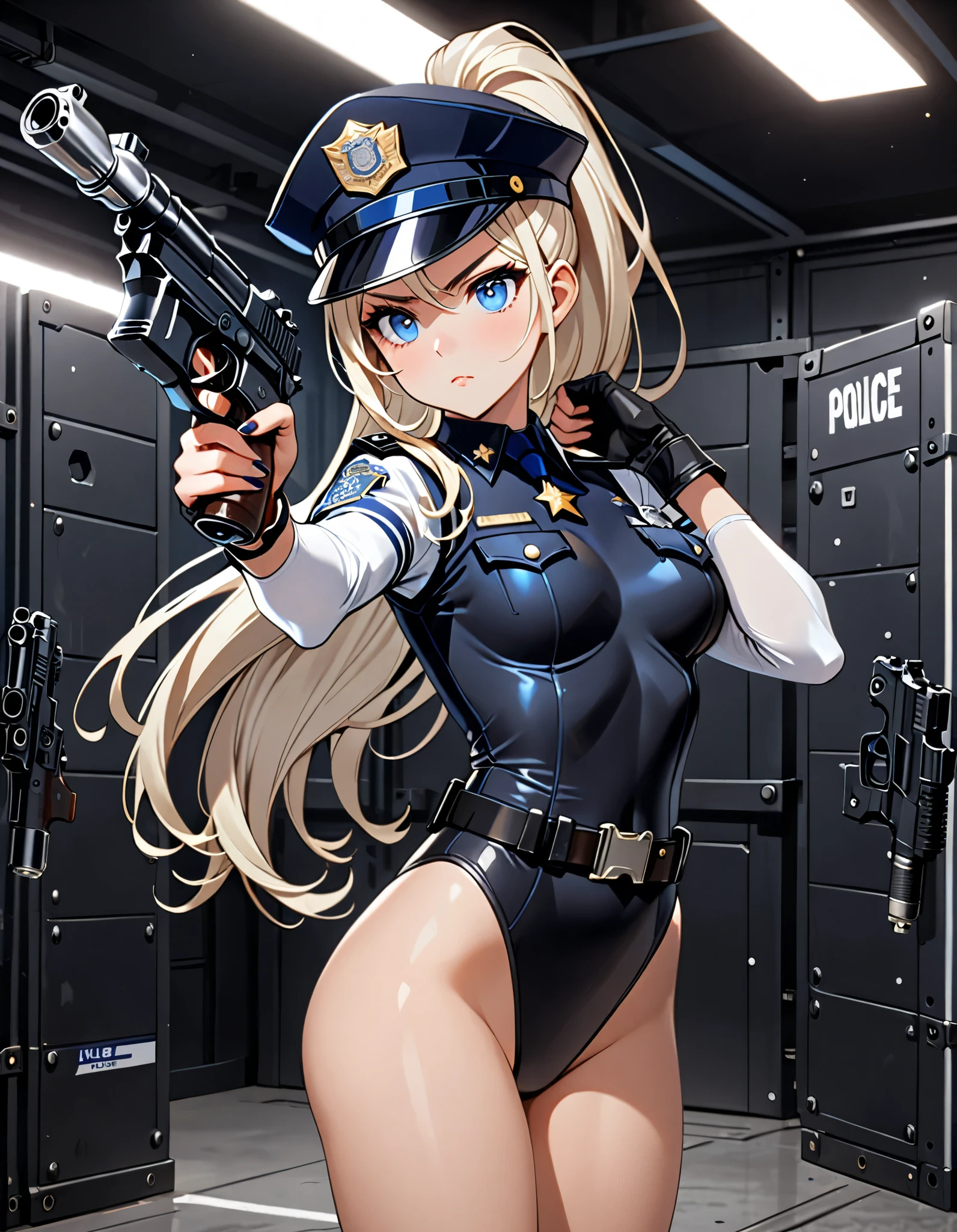 (masterpiece), (best quality), (high res), 1girl, tall body, ((long hair, platinum blonde hair, ponytail hair)), (piercing blue eyes), beautiful detailed eyes, beautiful detailed face, cute face, perfect hands, complete fingers, perfect anatomy, perfect proportions, ((hat, jet black police hat)), ((leotard, matching leotard, bare legs)), ((boots, matching boots)), breasts, medium breasts, (fingerless gloves), (full body portrait), (looking away), solo, solo focus, standing, police uniform, shoulder pads, cowboy shot, high tech firing range backdrop, indoors, ((high-waisted belt, tight belt)), (armbands, white sleeves), (aiming pistol, dl44blstr), (serious expression), (full body costume design:1.2), (fix hands:1.2)
