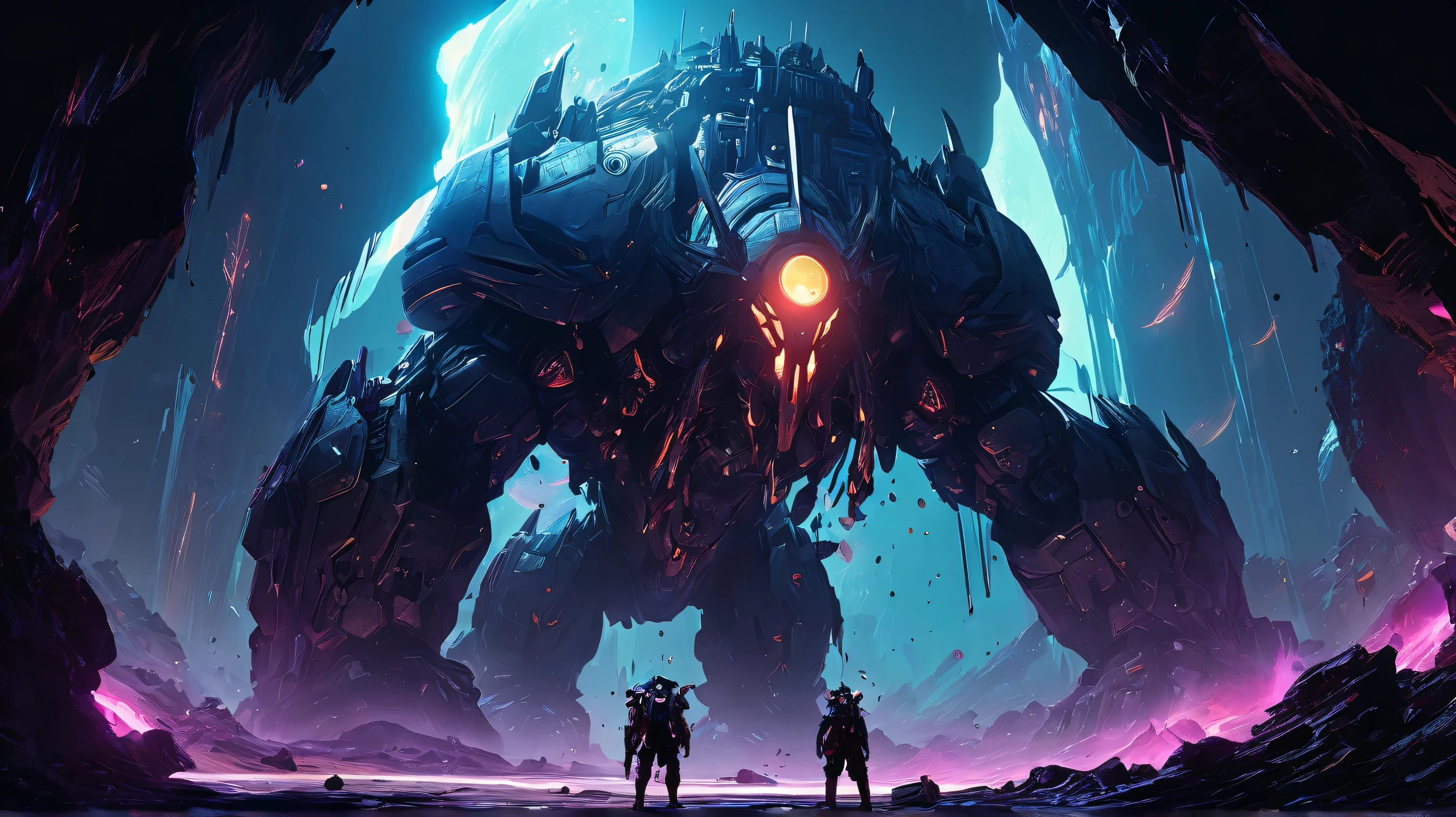 A lunar cave, Graviton Behemoth-stone giant warping space-roars, Kael pins it with Gravity Module, Nyx slashes with Null Blade. Rex lies dead, Vara bleeds, bomb blasts sub-core, debris floats, cyberpunk sci-fi aesthetic, dark tension, glowing wounds, slow-motion chaos.