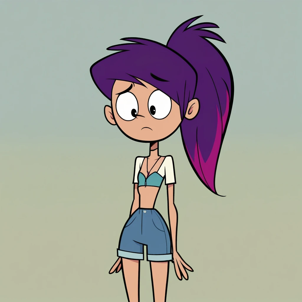 score_9, score_8_arriba, score_7_arriba, 1 girl, Misha , piel oscura, ponytail, purple hair, multicolored hair, flat chest, Narrow waist, wide hips, looking at the spectator, highres, high quality, obra maestra,