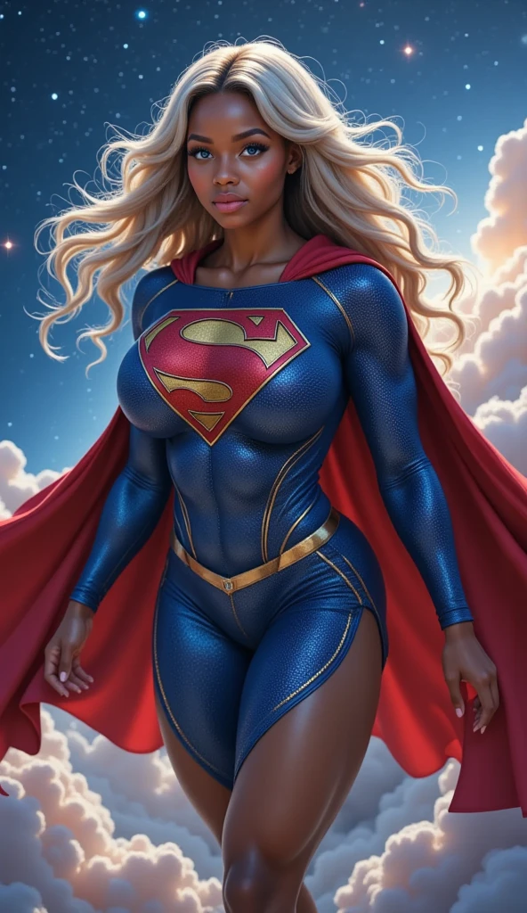 Full body of an African woman in superman costume posing for a photo, superhero portrait, supergirl, blonde hair and blue eyes, 8k artgerm bokeh, wojtek fus, super hero art, super photo realistic, artgerm portrait, stunning digital illustration, 4k realistic digital art, 4k realistic digital art, Full body character portrait, artgerm. high detail. --auto --s2