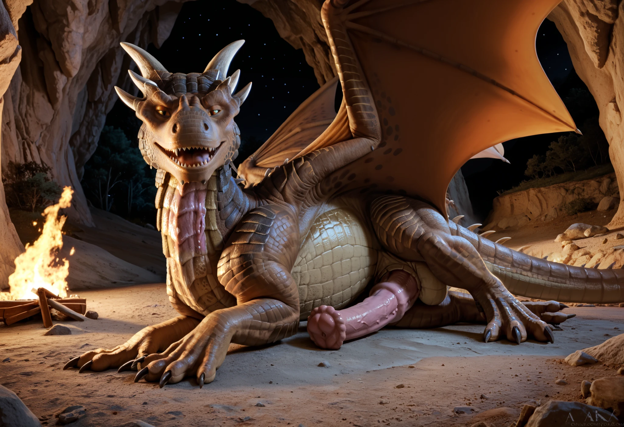 score_9, score_8_up, score_7_up, score_6_up, masterpiece, high quality, realistic, detailed, best quality, solo, rating_safe, source_furry, smiling, seductive, looking at viewer, lying on belly, feet raised, interior, fire place, cave, low angle view, ((450ft, big body, giant size)), wet body, night, dark, big penis, pink penis, equine penis, negative_hand, full body, draco_dh, dragon, brown scales, wings, horns, claws, tail, male, 1boy, feral, yellow sclera, open mouth,