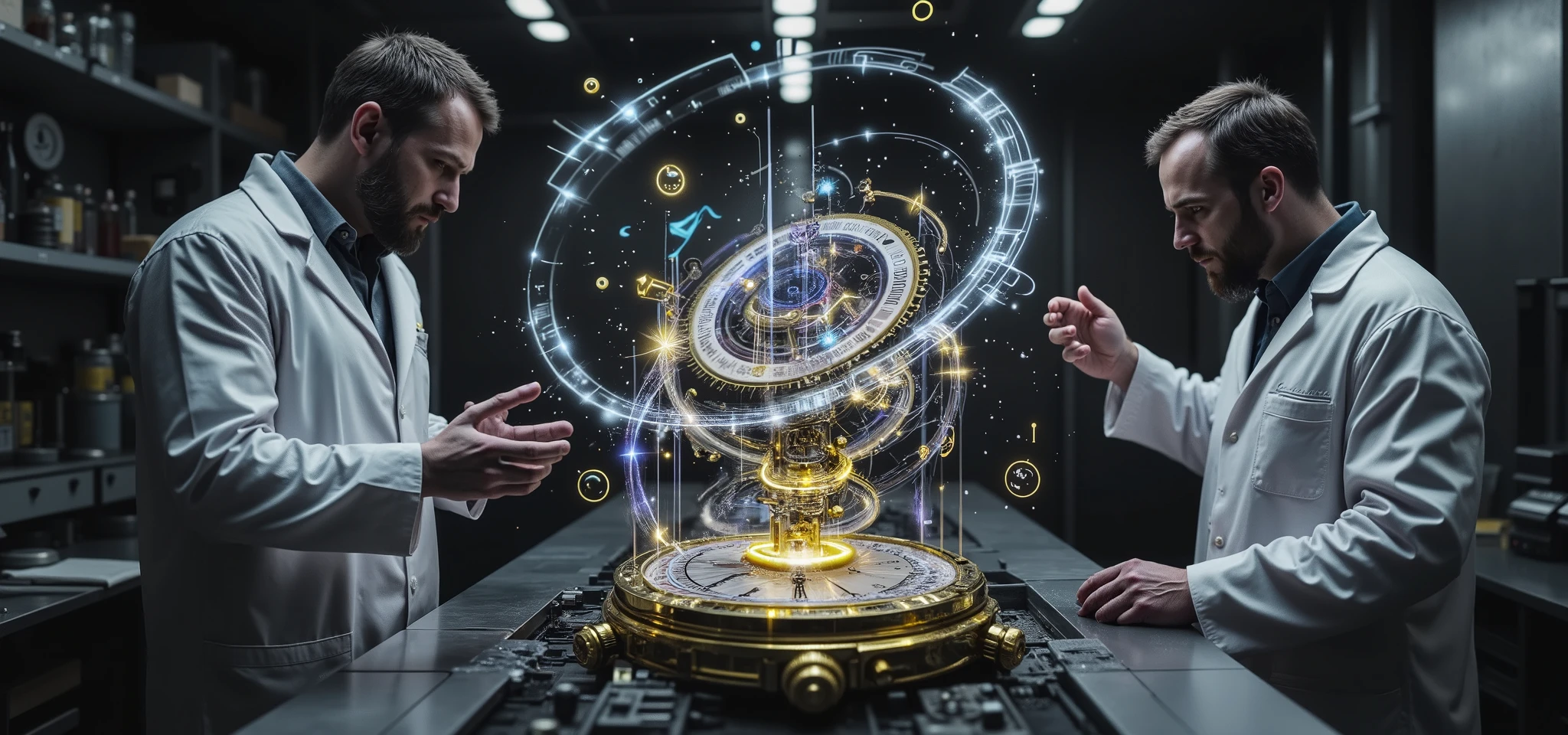 Scientists explaining with holograms the operation of a hand watch with a classic and gold design, symbols, esquemas, lights and arrows, Dates, very technical.