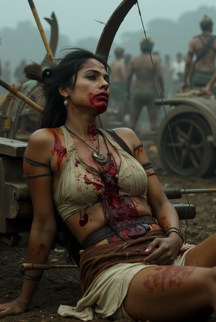 Beautiful spanish woman 25 years old, Beautiful face, photorealistic, Extremely Realistic, (red silk torn dress) (in a the plaza de toros with a black bull) Bullring, frightened look on face, Firm breasts, (photorealistic:1.4), (the dress is torn) (( red wine spilt all over the floor)),