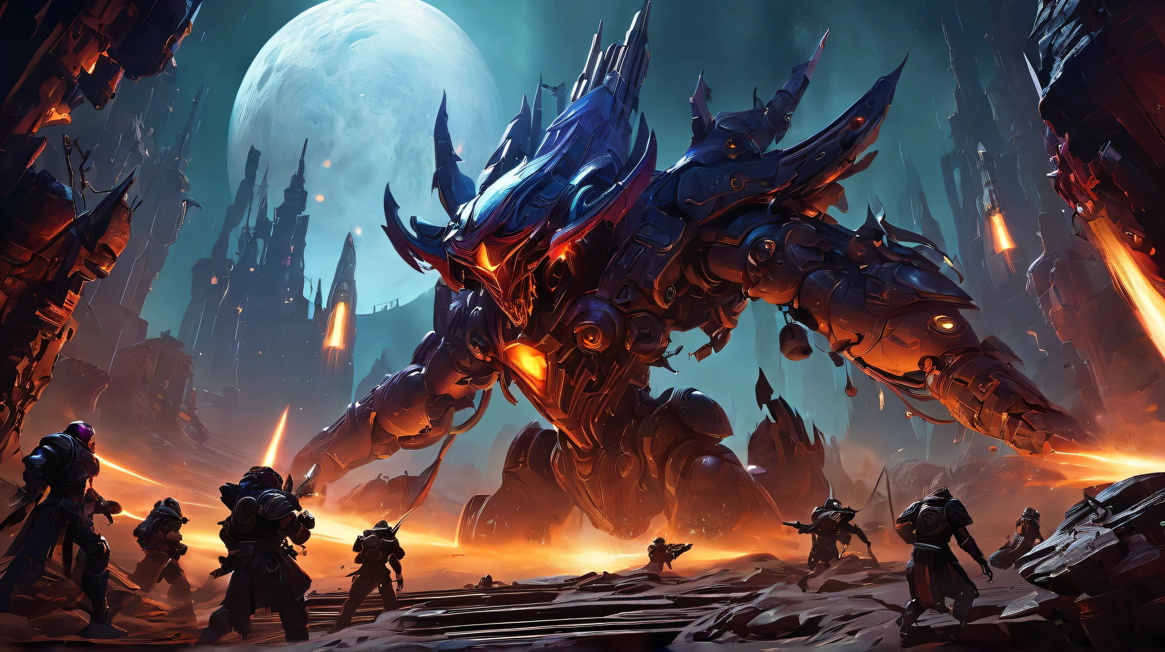 Deep lunar chasm, Vara charges second sub- core with grenade, Reavers swarm, Kael blasts with Gauntlet, Nyx carves with Null Blade, explosion engulfs Vara, spire collapses, cyberpunk sci-fi style, tragic heroism, fiery blast, lunar dust settling.