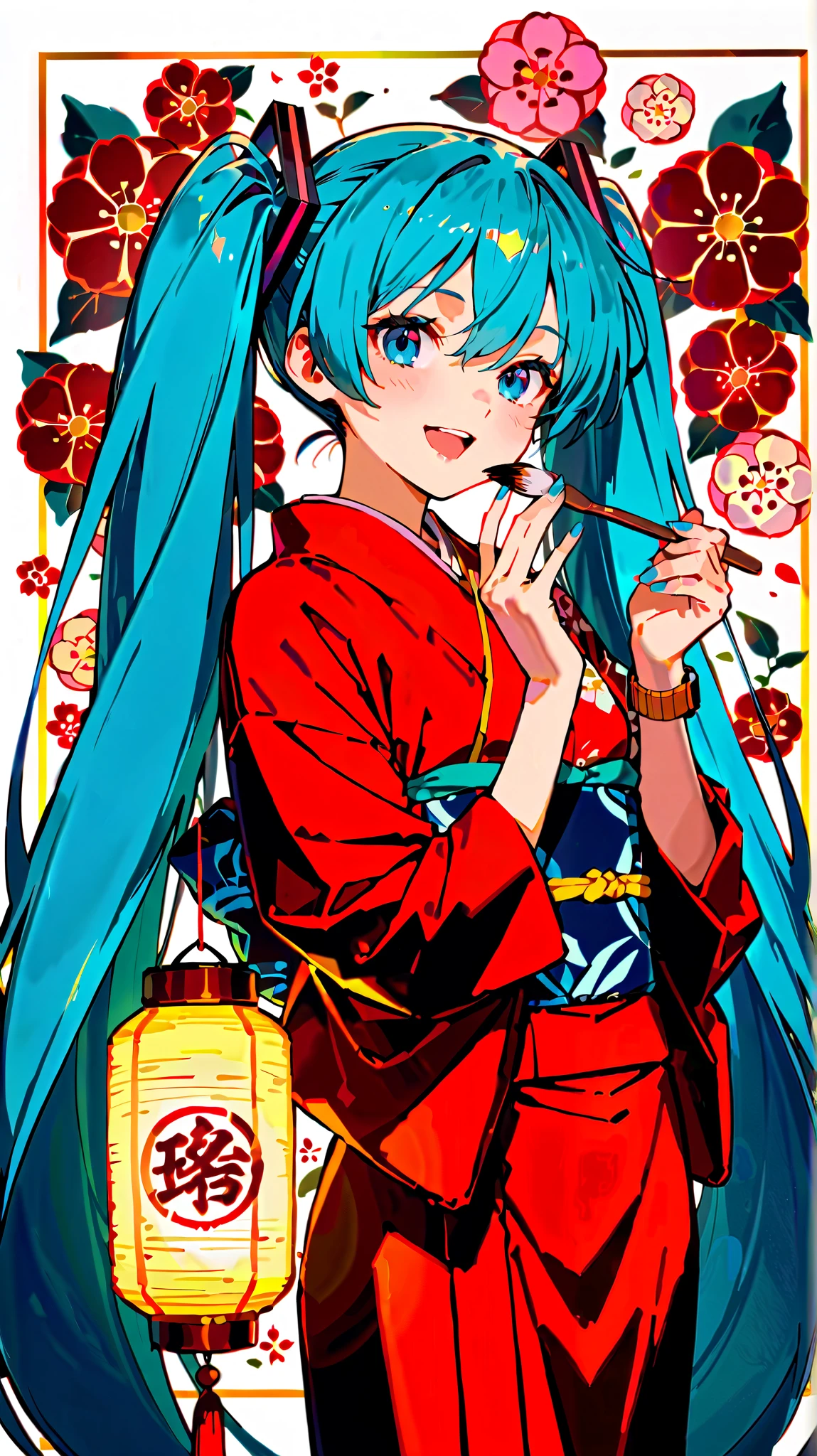 Hatsune Miku、
Watch One Woman's, Brush, smile, open your mouth, Lantern/I'm having light blue hair tied to the top, very long hair, Best Quality, nothing , Blue Eyes, floral background ,Floral Background