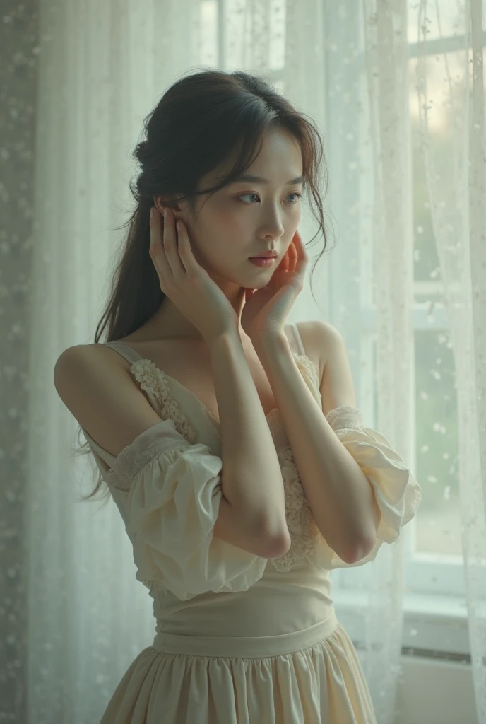 a young beautiful korean woman, close-up portrait, breasts visible through a white transparent blouse, sitting on a chair, detailed facial features, detailed eyes, delicately sculpted lips, flawless porcelain skin, long hair, elegant pose, soft lighting, high quality, photorealistic, cinematic, dramatic, chiaroscuro lighting