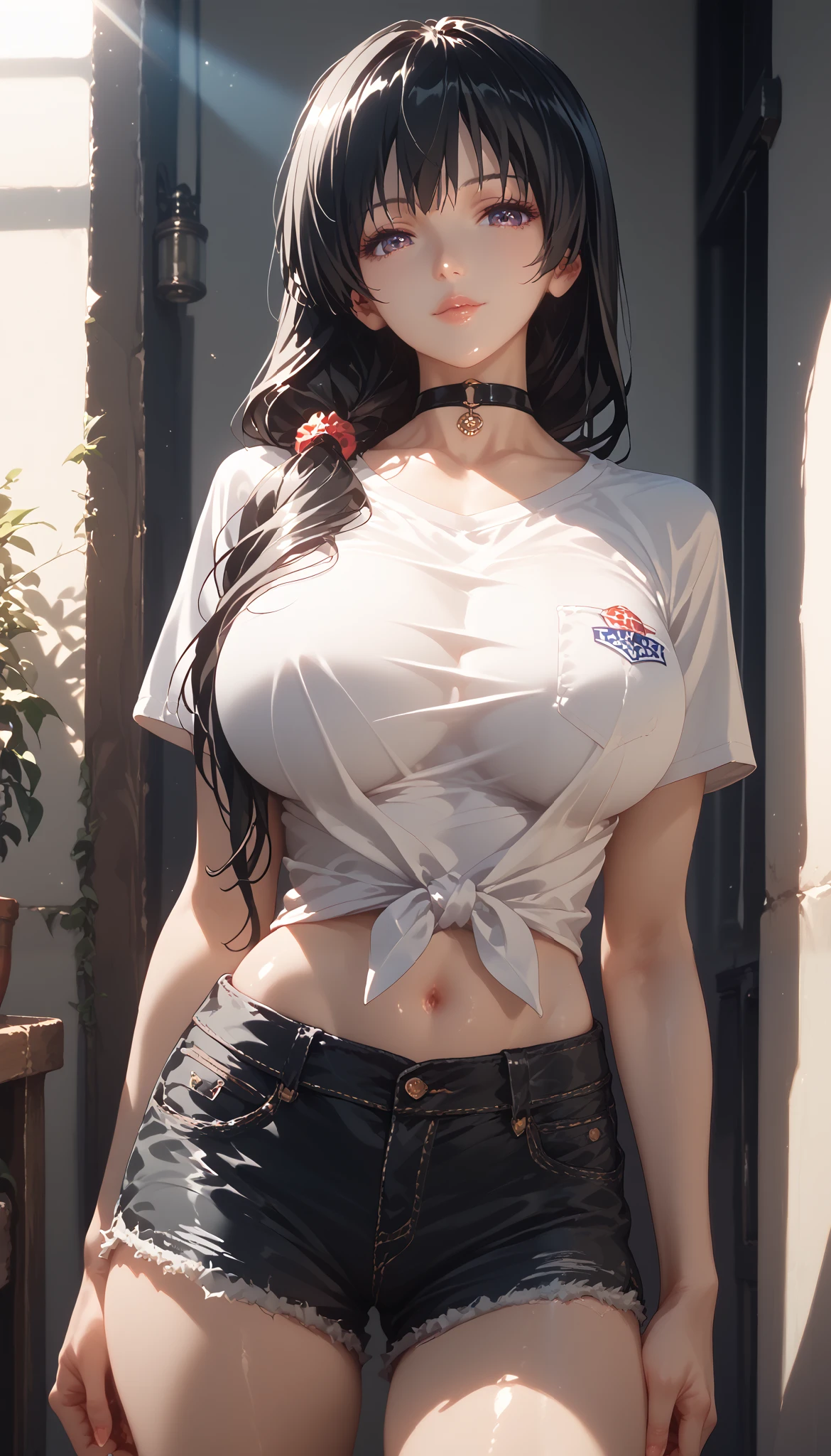 Kaori sakaki, black hair, long hair, (detailed lighting, highly detailed skin, highly detailed hair, shadows, 8k), looking at viewer,big breast.Closed clothing, choker. shorts. shirt. bottom facing down,Farmer's clothing