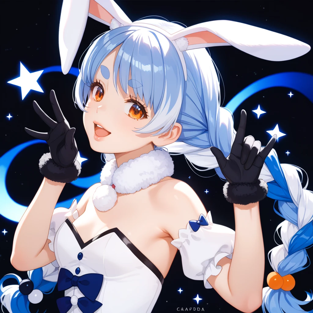 Rem, re zero, Blue hair, Short bob hair, large breasts, cleavage, (masterpiece), (best quality), (ultra-detailed), (depth of field), (super animetic illustration), (4k), multiple bunny girl,cute anime idol,best smile, an uplifting mood, a little lonely eyes,(white school swimsuit:1.3), bunny girl, bunny girl cufflinks, bunny girl collar, bow tie, bunny girl tail, stockings, Goodbye Year of the Rabbit, Let's sing and dance grandly and say goodbye!, launch party, countdown festival, rabbit girls dancing,dance hall, mirror ball, shining lights, colorful lights,