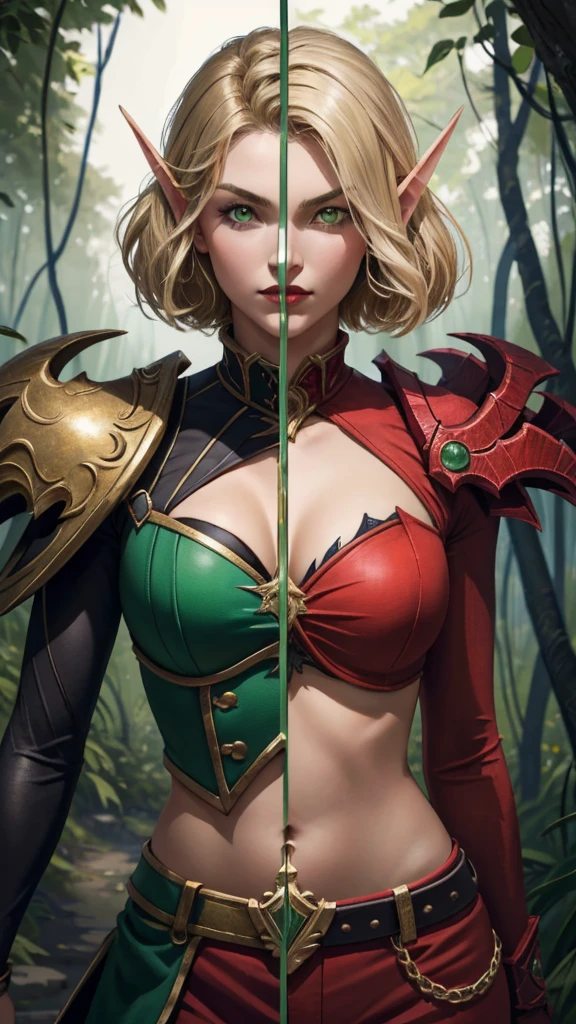 (1girl, long hair, spiral eyes, angry ,clenched teeth) (digital) (Upper Body) (Looking at viewer) (standing), (Light Orange Sparkling Forest background), (short skirt)) , best quality, blonde hair, green eyes, glowing, armor, Abdomen, navel, bloodelf, 