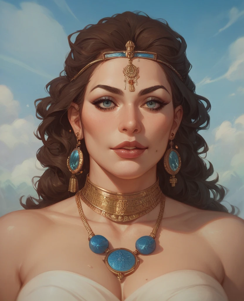 OldEgyptAI,masterpiece,photorealistic,best quality,1girl,big breasts,upper body,black hair,queen,cleopatra,style-hamunaptra,a magnificent pyramid,the magnificent nile river,