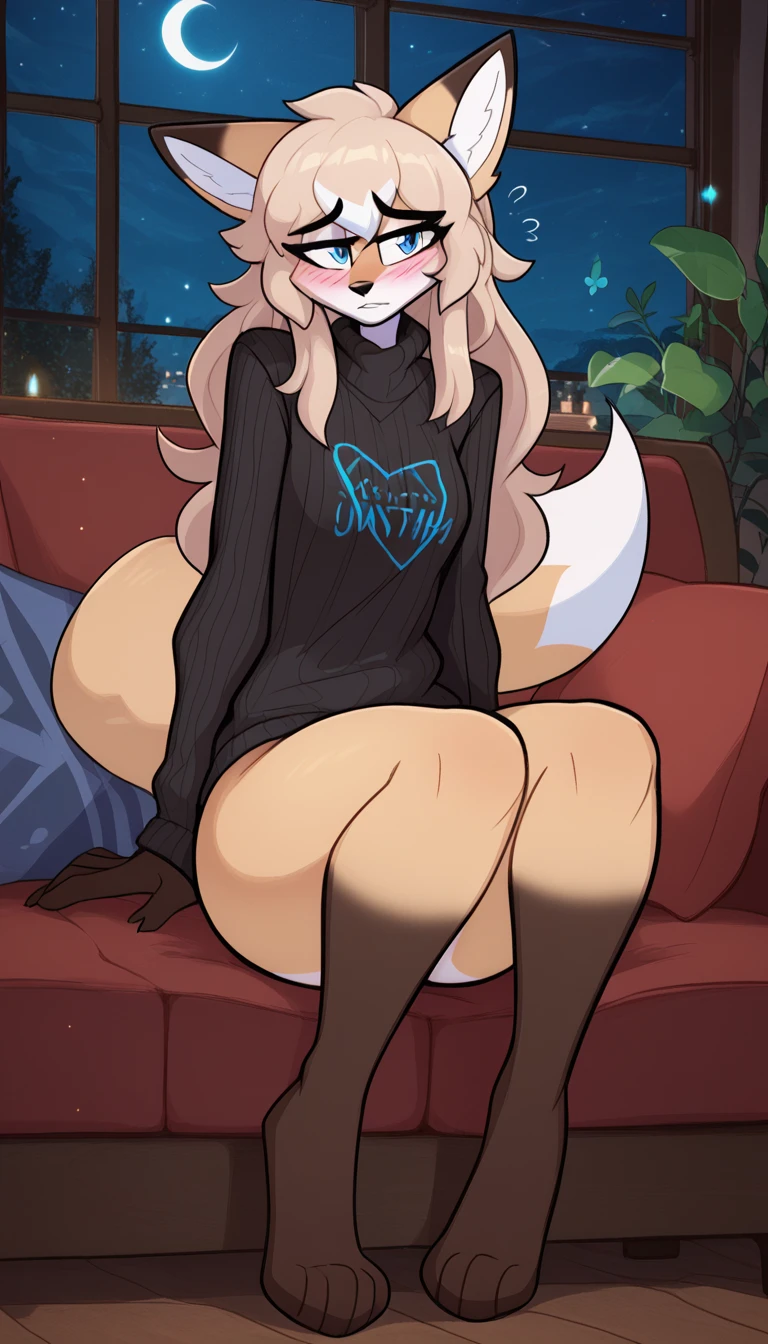 18 year old white woman wearing a hoodie and short skirt with no panties in her house sitting on a couch, long wild blonde hair , black lips , wearing black eye liner, green eyes , perfect shaped ass, medium perky tits, fit body , freckles , curious smile , sexy pose , legs spead