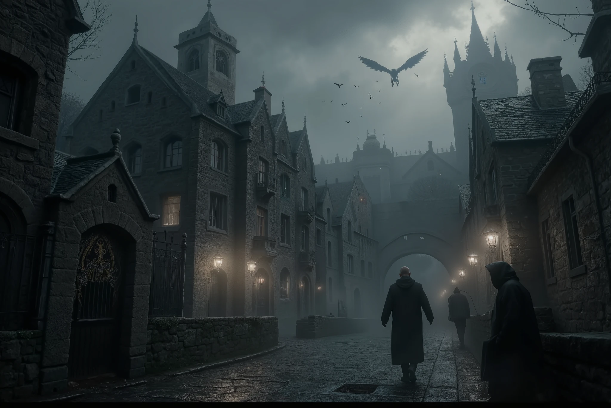 "Generate a realistic digital illustration for the cover of an e-book entitled 'The Gray Parallel'. The scene depicts a dark city with Gothic architecture and ancient buildings that touch the low clouds. Narrow streets covered by wet cobblestones meander between grimy buildings, shrouded in dense fog. In the foreground, the ethereal silhouette of a Shadow man floats slightly above the ground — a faceless figure made of hazy shadows. In the background, glimpses of the Mist Guards, tall creatures in black cloaks with hoodies, add depth. In the darkened sky, Dark Wings fly over the buildings. A subtle golden glow of the Luminous Watchers contrasts with the darkness, emanating hope. The color palette is dominated by shades of gray and sepia, with soft gold details. The overall atmosphere is one of mystery and melancholy. Include the title 'The Grey Parallel' with Gothic-style typography at the bottom of the image."