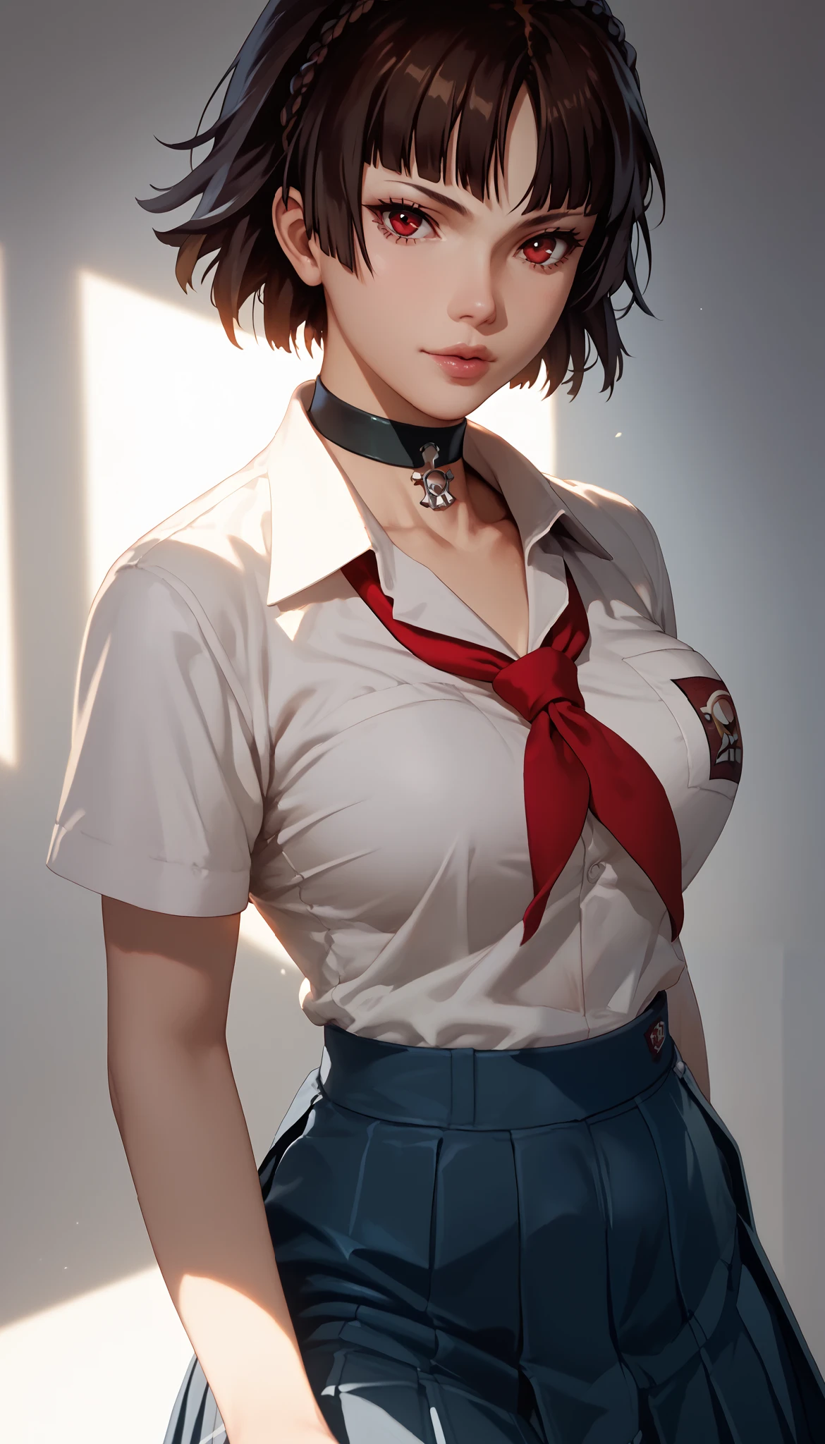 Makoto niijima, black hair, short hair, (detailed lighting, highly detailed skin, highly detailed hair, shadows, 8k), looking at viewer,big breast.Closed clothing, choker. Indonesian high school uniform