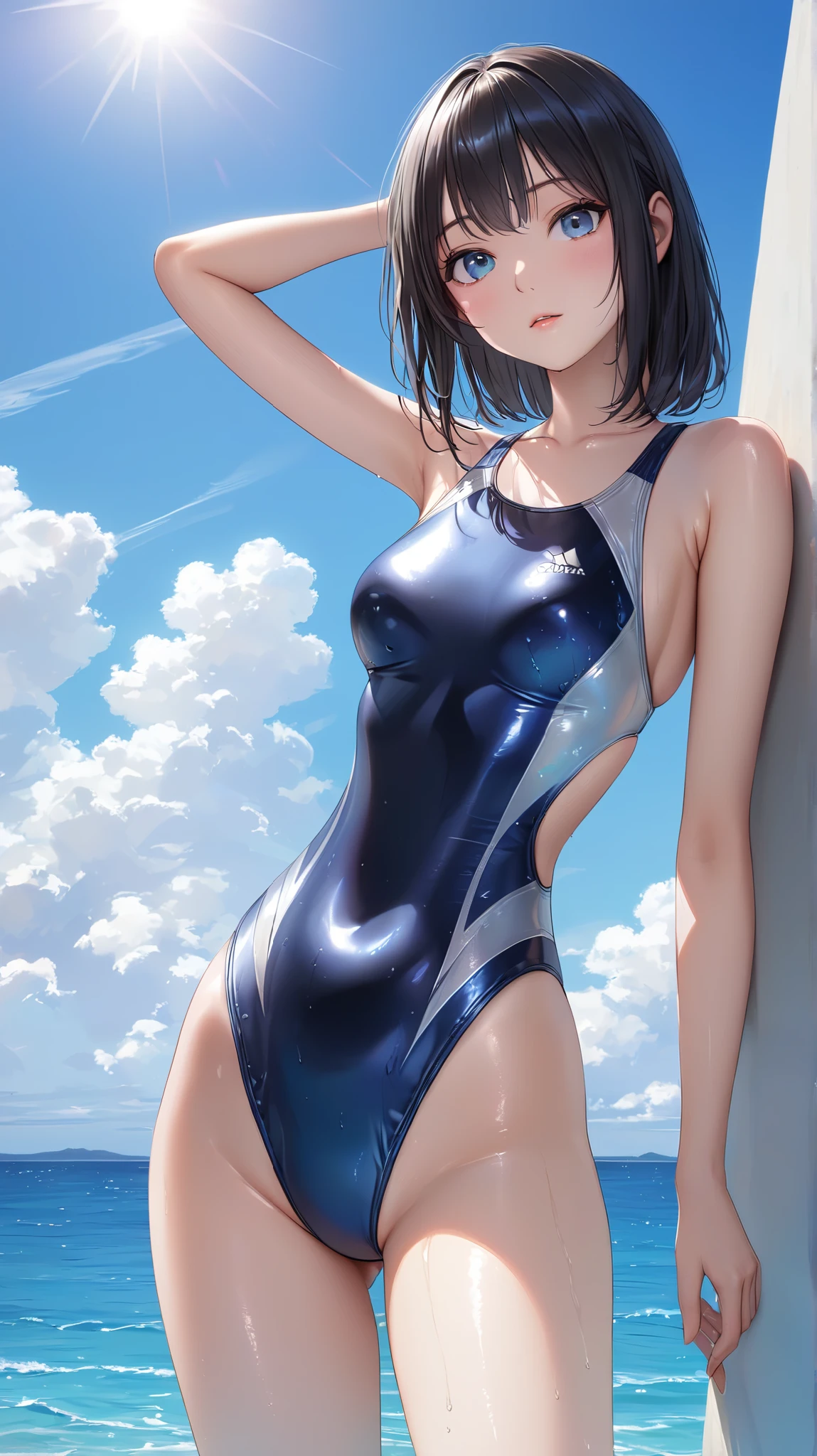 ((swimsuit costume)), ((swimsuit sides see-through)), ((The swimsuit is a vivid color)), holographic fabric, skindentation, skinny, solo, 1 woman, Masterpiece, highest quality, highest quality, 16K, incredibly absurd, highly detailed, 2.5D, ai-generated, delicate and dynamic, very delicate facial expressions, delicate eye depiction, erotic, only sexy woman, ((A cute and kind face)), healthy figure, 25-year-old woman, bride, 160cm tall, medium firm swaying bust, (dark hair), black eye, blush, Sweat,Embarrassed,sexy, ((thin thighs)), (Erect nipples:0.7), (visible nipples:0.5), ((shiny and lustrous)), facing straight at viewer, ((brown black skin)), ((Oily_skin)), sweaty skin, wet skin, (suntan), dutch angle, ((sexy pose)), Dynamic poses, ((Summer Sea)), Strong sunlight, ((Lying)), ((On the open sea)),