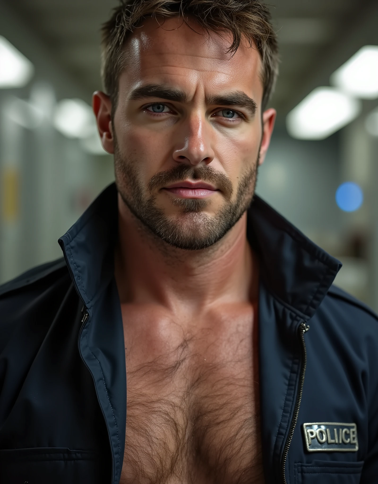masterpiece, best quality, high resolution, closeup portrait, male focus, solo focus, a man, policeman, cop, pretty shirtless, in unbuttoned police clothes, wearing police attire, looking italian, brown hair, unbuttoned unifrom, sweaty hairy guy in police station, messy hair, 33 years old, wearing unbuttoned police clothes uniform, huge bulge, view from below, , closeup, interesting perspective, erotic pose, skinny and lean body, pretty cute and masculine face, smirk, pose, filthy, sweaty, very hairy legs, skinny and hairy, half naked, bare chest, in the background a police office, amazing composition, HDR, volumetric lighting, ultra quality, elegant, highly detailed, Showing off his very hairy armpits, Slim fit body, ager, very cute face, , Very attractive pretty man, very skinny lean body, chilling laying downin the middle of summer living room, dickprint, Sweat dripping all over the body, Proudly showing off his sweaty very hairy armpits to audience, The colors are bright and vibrant, enhancing the overall aesthetic. The lighting is soft and natural, casting a soft glow on the man, don't merge body's, detailed eyes and lips, sixpack and fit body. Image quality is of the highest standard, with ultra-detailed features and a realistic appearance, sexual tension, seductive, hairy legs, dark Pubic hair, chest hair, correct male, moustache, hairy abs, brown hair, very hairy body, treasure trail, very hairy legs, moustache, masterpiece, best quality, high resolution, portrait, full upper body, wet male body, male focus, amazing composition, front view, HDR, ultra quality, elegant, highly detailed