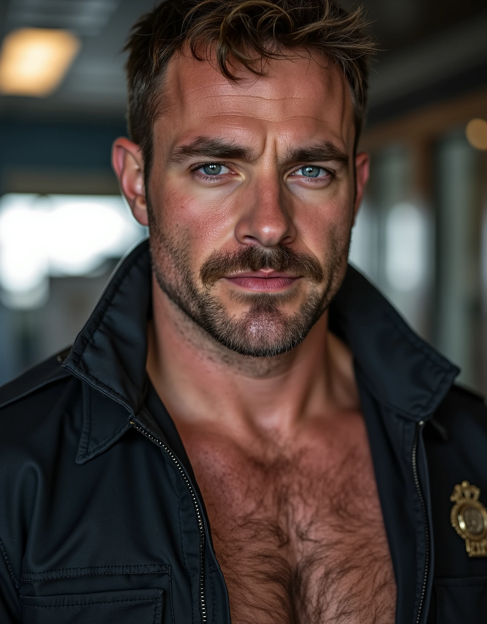 masterpiece, best quality, high resolution, closeup portrait, male focus, solo focus, a man, policeman, cop, pretty shirtless, in unbuttoned police clothes, wearing police attire, looking italian, brown hair, unbuttoned unifrom, sweaty hairy guy in police station, messy hair, 33 years old, wearing unbuttoned police clothes uniform, huge bulge, view from below, , closeup, interesting perspective, erotic pose, skinny and lean body, pretty cute and masculine face, smirk, pose, filthy, sweaty, very hairy legs, skinny and hairy, half naked, bare chest, in the background a police office, amazing composition, HDR, volumetric lighting, ultra quality, elegant, highly detailed, Showing off his very hairy armpits, Slim fit body, ager, very cute face, , Very attractive pretty man, very skinny lean body, chilling laying downin the middle of summer living room, dickprint, Sweat dripping all over the body, Proudly showing off his sweaty very hairy armpits to audience, The colors are bright and vibrant, enhancing the overall aesthetic. The lighting is soft and natural, casting a soft glow on the man, don't merge body's, detailed eyes and lips, sixpack and fit body. Image quality is of the highest standard, with ultra-detailed features and a realistic appearance, sexual tension, seductive, hairy legs, dark Pubic hair, chest hair, correct male, moustache, hairy abs, brown hair, very hairy body, treasure trail, very hairy legs, moustache, masterpiece, best quality, high resolution, portrait, full upper body, wet male body, male focus, amazing composition, front view, HDR, ultra quality, elegant, highly detailed