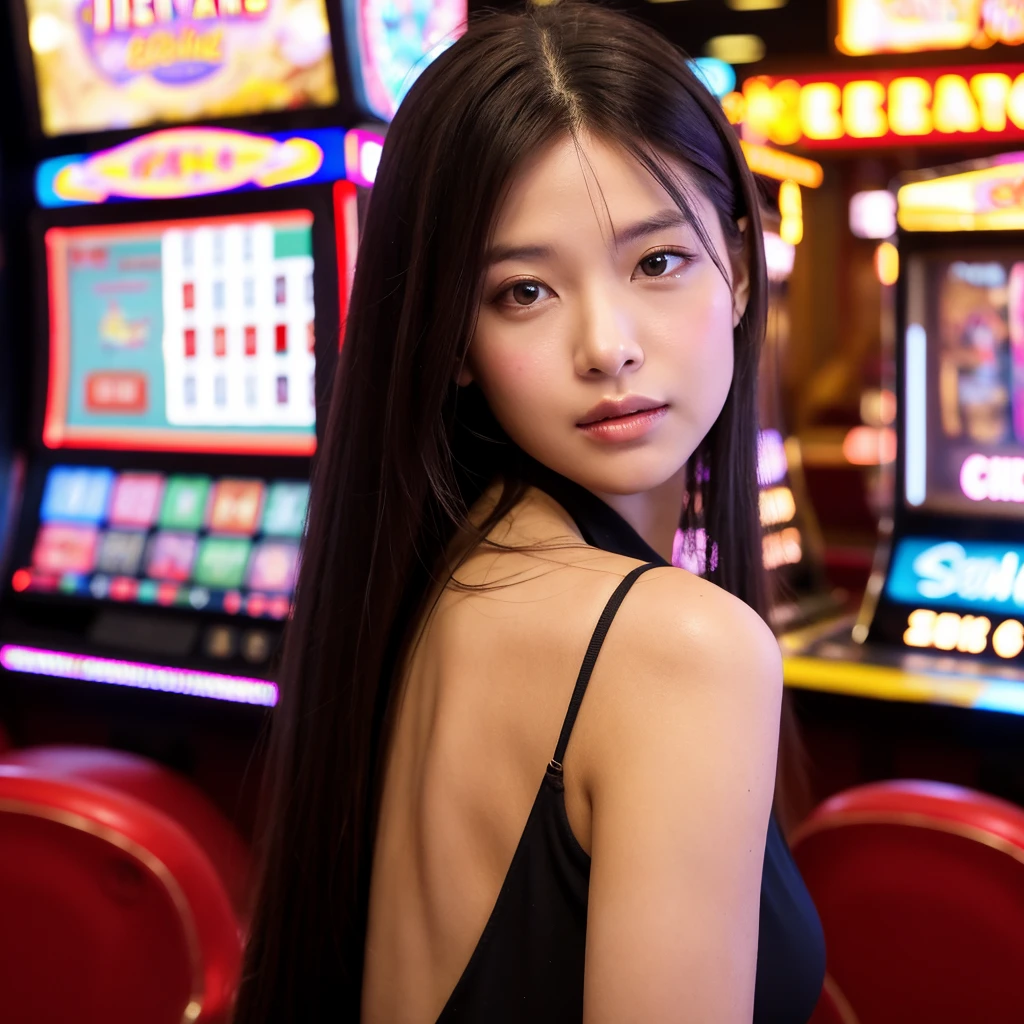 Inside the casino, Roulette Table, One woman, Japanese, 20 generation beauty, Long Hair, Mid-chest, Gorgeous one-piece dress, regrettable, Hold your head with both hands, Detailed skin, pore, PUBG Mobile, Cinema Lighting, , realism, Luminism, Cinema Lighting, Eye-level shot, Ultra Wide Angle, Attention to detail, Awards, Highest quality, 16K, Accurate, retina, Ultra-high resolution, Textured skin, Super Detail