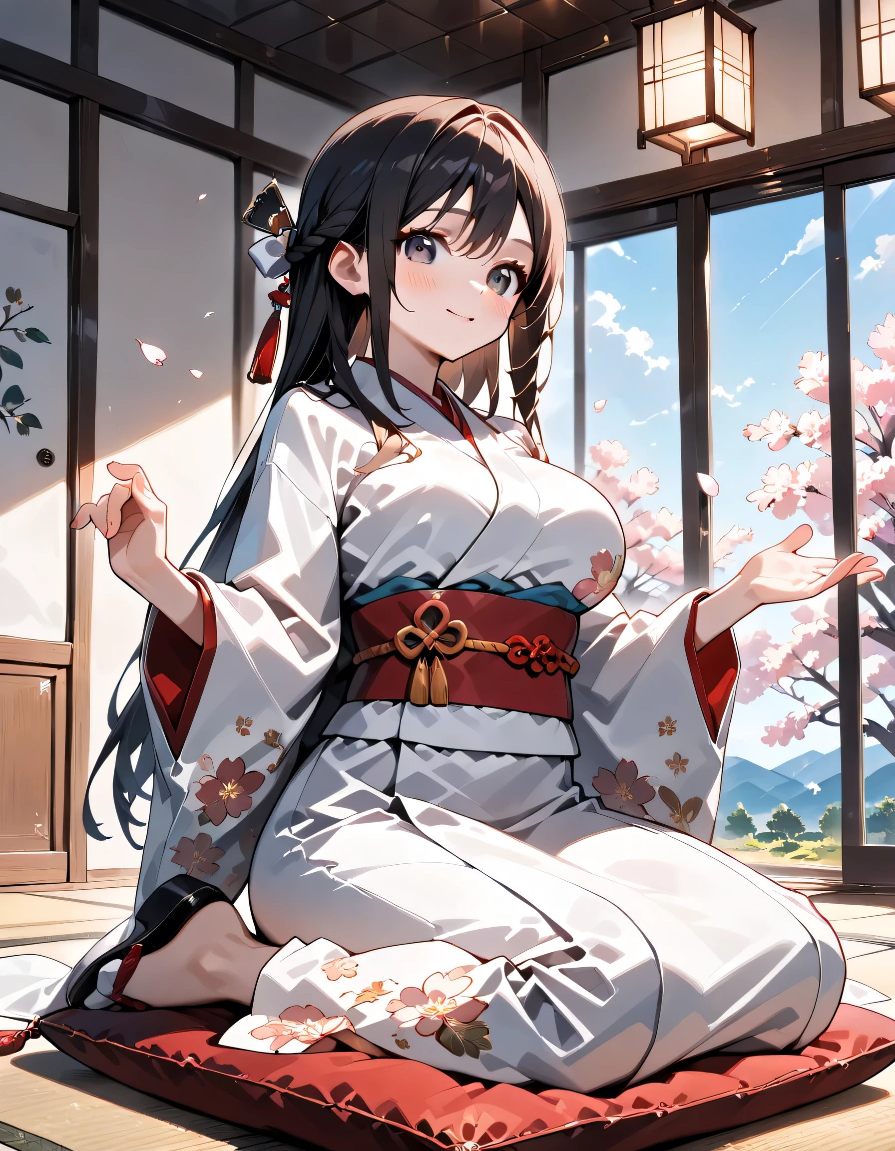 ((ultra-detailed)), (highly detailed CG illustration), (best quality:1.2), ultra-highly detailed, colorful composition, artistic photoshoot, 1girl, solo focus, ((upper body:1.4)), Japanese moe anime character, girl, dainty facial structure, (bab(round face), ((rounded chin:1.2)), ((ideal ratio body proportions)), celia-default, celia claire, (blue eyes), sparkle eyes, black hair color, long hair, half updo, ((smile)), ((blush:1.4)), ((pink ankle-length long furisode costume with gorgeous floral pattern:1.4)), ((red obi with golden decorations)), ((red Japanese ornate hairpin with golden decoration)), ample breasts, ((wariza)), ((seiza)), ((Sitting with a cushion on top of the tatami)), ((Japanese-style room with a view of the garden)), beautiful detailed sky, cherry blossom petals, cherry trees, row of cherry trees, breeze, petals dancing, low angle, expecting, pink cheek, blush, light pink gloss slip, portrait, depth of field, soft lighting, sidelighting, (shine), lighting, caustics, ray tracing, smile, perfect face, lustrous skin, highly detailed face, highly detailed eyes, perfect face, perfect nose, perfect hair, perfect eyes, perfect anatomy, beautiful hair, beautiful small face, extremely detailed face, beautiful detailed eyes, beautiful clavicle, beautiful body, beautiful fingers, 4 fingers, 1 thumb, lovely, (very detailed background:1.0), (highly detailed background:1.0), spring aesthetic, intricate details, solemn serene and respectful atmosphere, spring colors palette, chromatic aberration