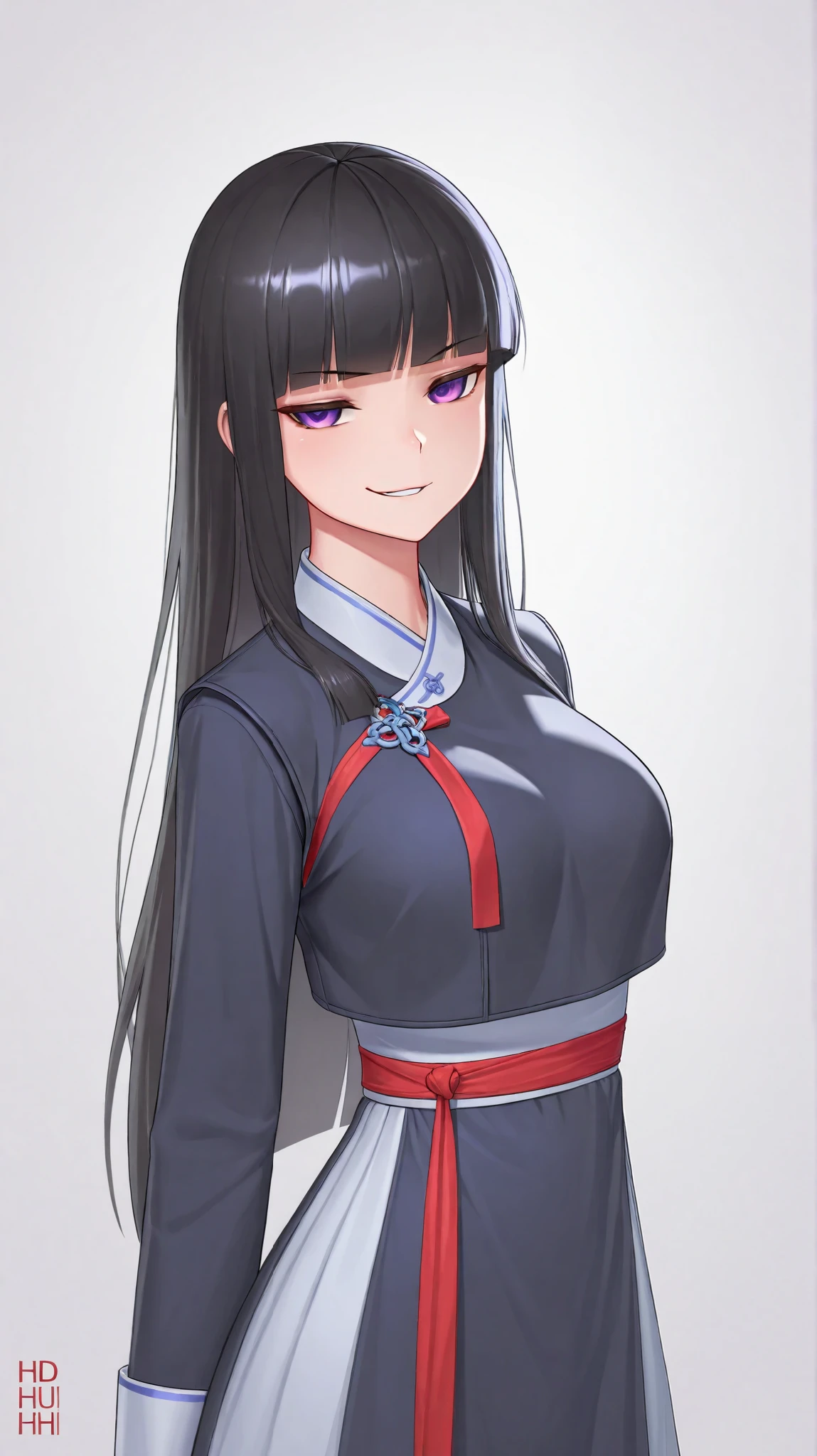(((HD))), (((Ultra High Quality))), ((hyper detailed)), ((Ultra High Resolution)), ((detailed eyes)), (((8K))), one girl, tall, long hair, blunt bangs, black hair, purple eyes, smirk, Korean clothing, jin yi wei uniform, medium breasts, simple background, white background