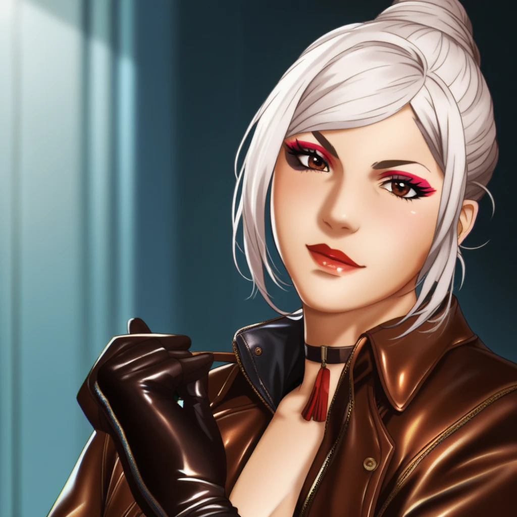 , One, Meiko SYRAKY, sexy face with full makeup, cheerful face, White hair, Brown eyes, plump red lips, wears leather gloves, Best quality, high quality