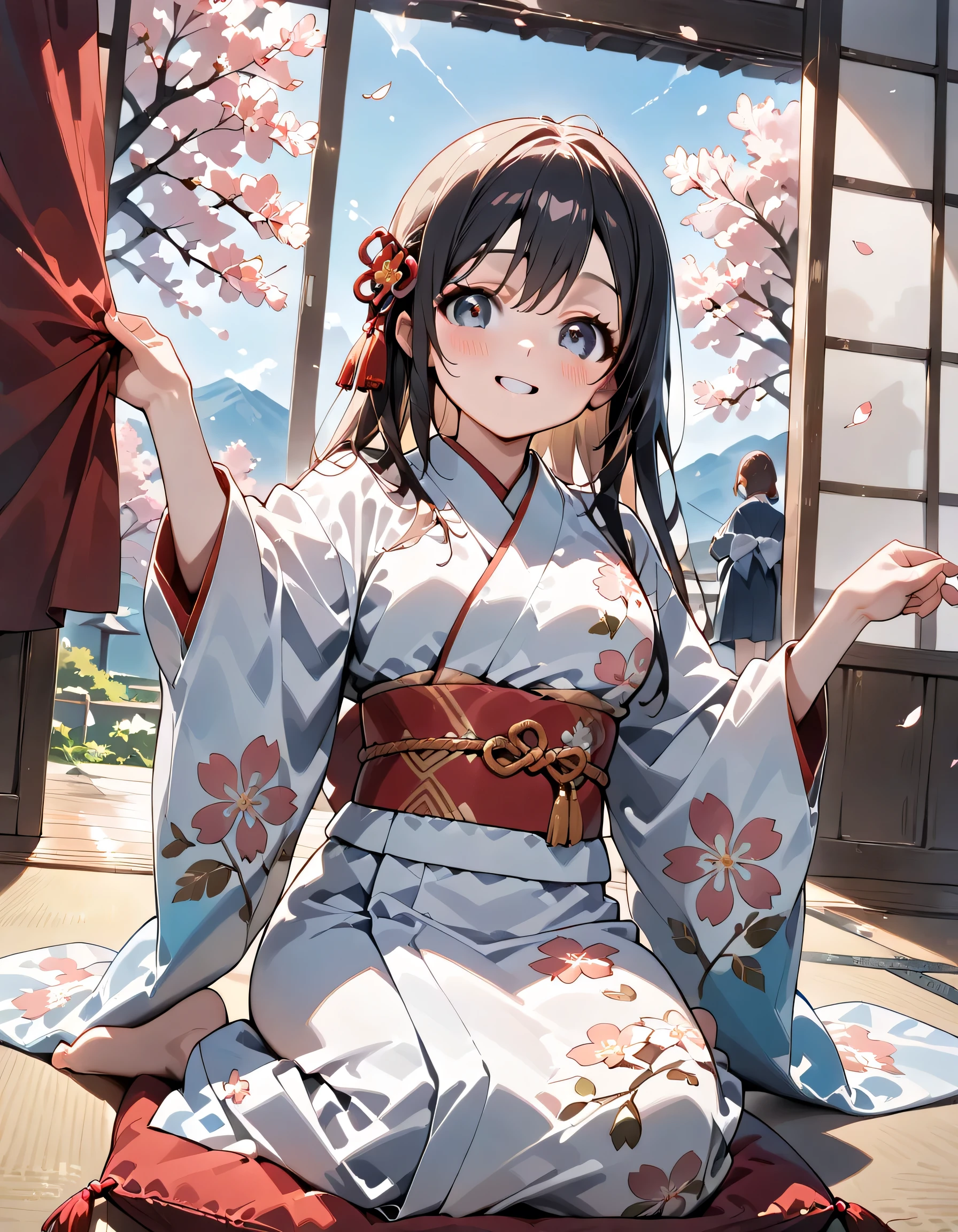 ((ultra-detailed)), (highly detailed CG illustration), (best quality:1.2), ultra-highly detailed, colorful composition, artistic photoshoot, 1girl, solo focus, ((upper body:1.4)), Japanese moe anime character, girl, dainty facial structure, (bab(round face), ((rounded chin:1.2)), ((ideal ratio body proportions)), celia-default, celia claire, (blue eyes), sparkle eyes, black hair color, long hair, half updo, ((smile)), ((blush:1.4)), ((pink ankle-length long furisode costume with gorgeous floral pattern:1.4)), ((red obi with golden decorations)), ((red Japanese ornate hairpin with golden decoration)), ample breasts, ((wariza)), ((seiza)), ((Sitting with a cushion on top of the tatami)), ((Japanese-style room with a view of the garden)), beautiful detailed sky, cherry blossom petals, cherry trees, row of cherry trees, breeze, petals dancing, low angle, expecting, pink cheek, blush, light pink gloss slip, portrait, depth of field, soft lighting, sidelighting, (shine), lighting, caustics, ray tracing, smile, perfect face, lustrous skin, highly detailed face, highly detailed eyes, perfect face, perfect nose, perfect hair, perfect eyes, perfect anatomy, beautiful hair, beautiful small face, extremely detailed face, beautiful detailed eyes, beautiful clavicle, beautiful body, beautiful fingers, 4 fingers, 1 thumb, lovely, (very detailed background:1.0), (highly detailed background:1.0), spring aesthetic, intricate details, solemn serene and respectful atmosphere, spring colors palette, chromatic aberration